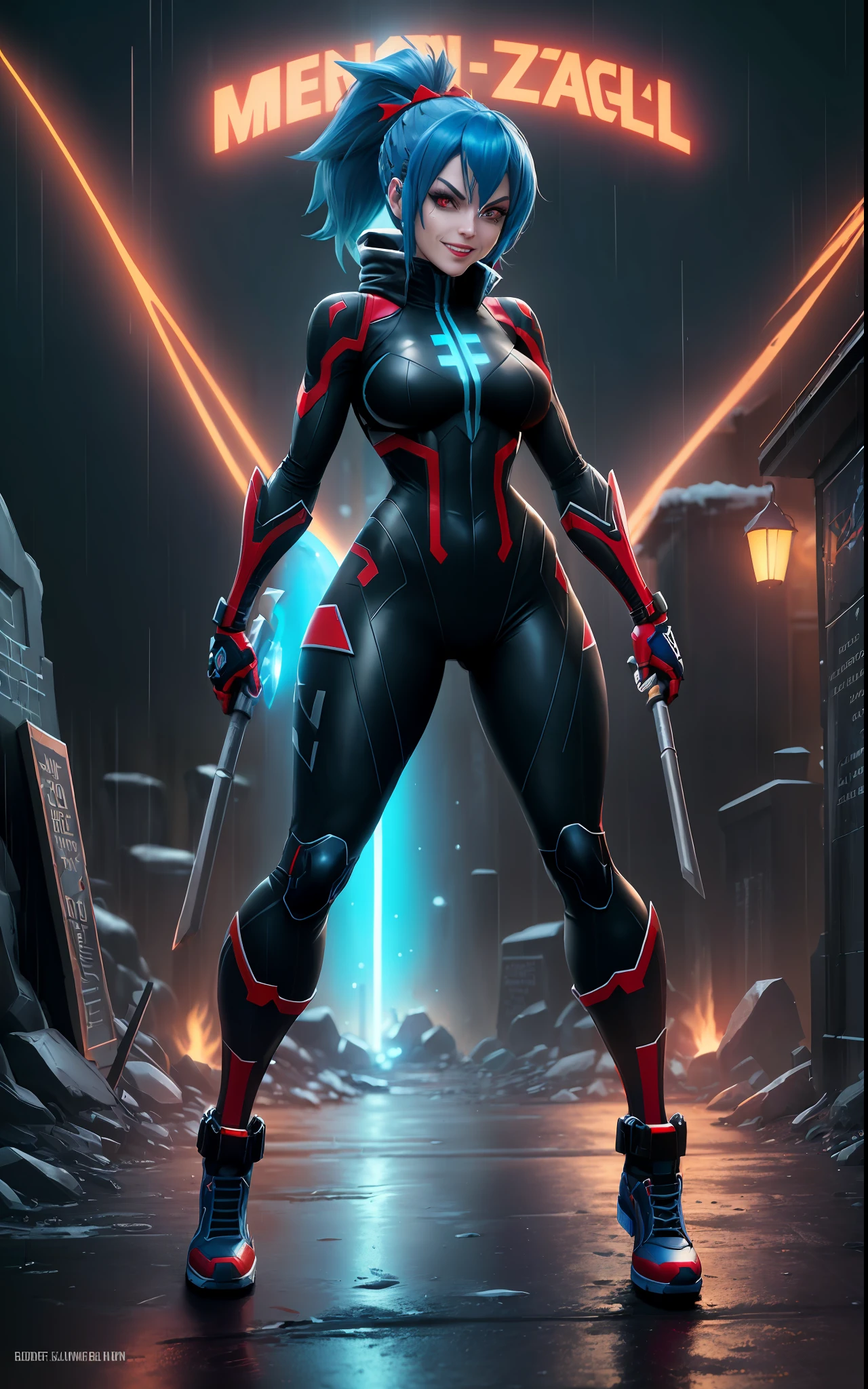 Create a 64k image, Unreal Engine, Mega Man-X style, Mortal Kombat style, Marvel style, skeleton+zombie, full body photo of a woman cosplaying Mega Man-X+Spider-Man, blue hair, red eyes, tight clothing on the body, looking at the viewer, holding machetes, smile, in a macabre cemetery of rainy night.