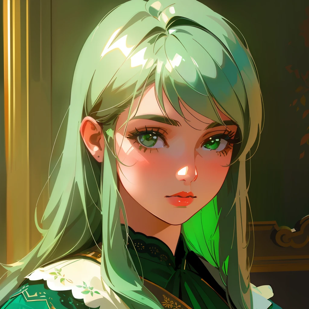 Generate an image of a young British girl with long gray hair and emerald green eyes. (Portrait, Semi-Realistic Style, Indoor Setting, Natural Lighting, Medium Quality, Subtle Noise, Cool Colors, Realistic Brushwork, DeviantArt Influence, Vintage Clothing, Macro Lens)