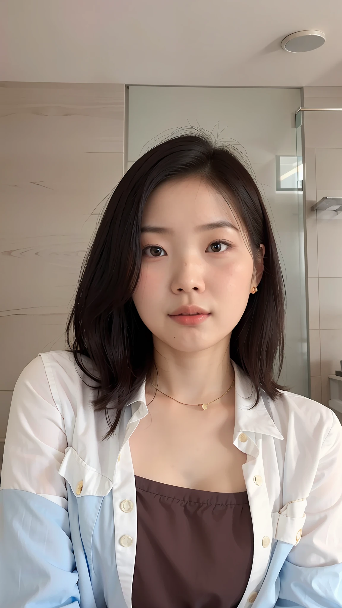 there is a woman that is sitting down in a bathroom, gemma chen, young cute wan asian face, a young asian woman, yun ling, cindy avelino, with short hair, south east asian with round face, wenfei ye, xintong chen, headshot profile picture, sha xi, 2 7 , with cute - fine - face, gongbi, lip detail, faint smile, cleavage
