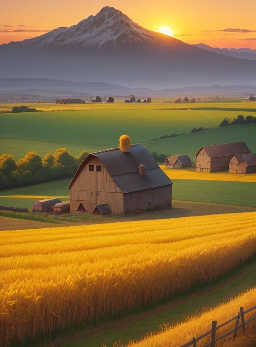 farm, wheat, barn, farmer, hat on head, scarecrow, mountainous background, farmhouse, sunset, yellow sky