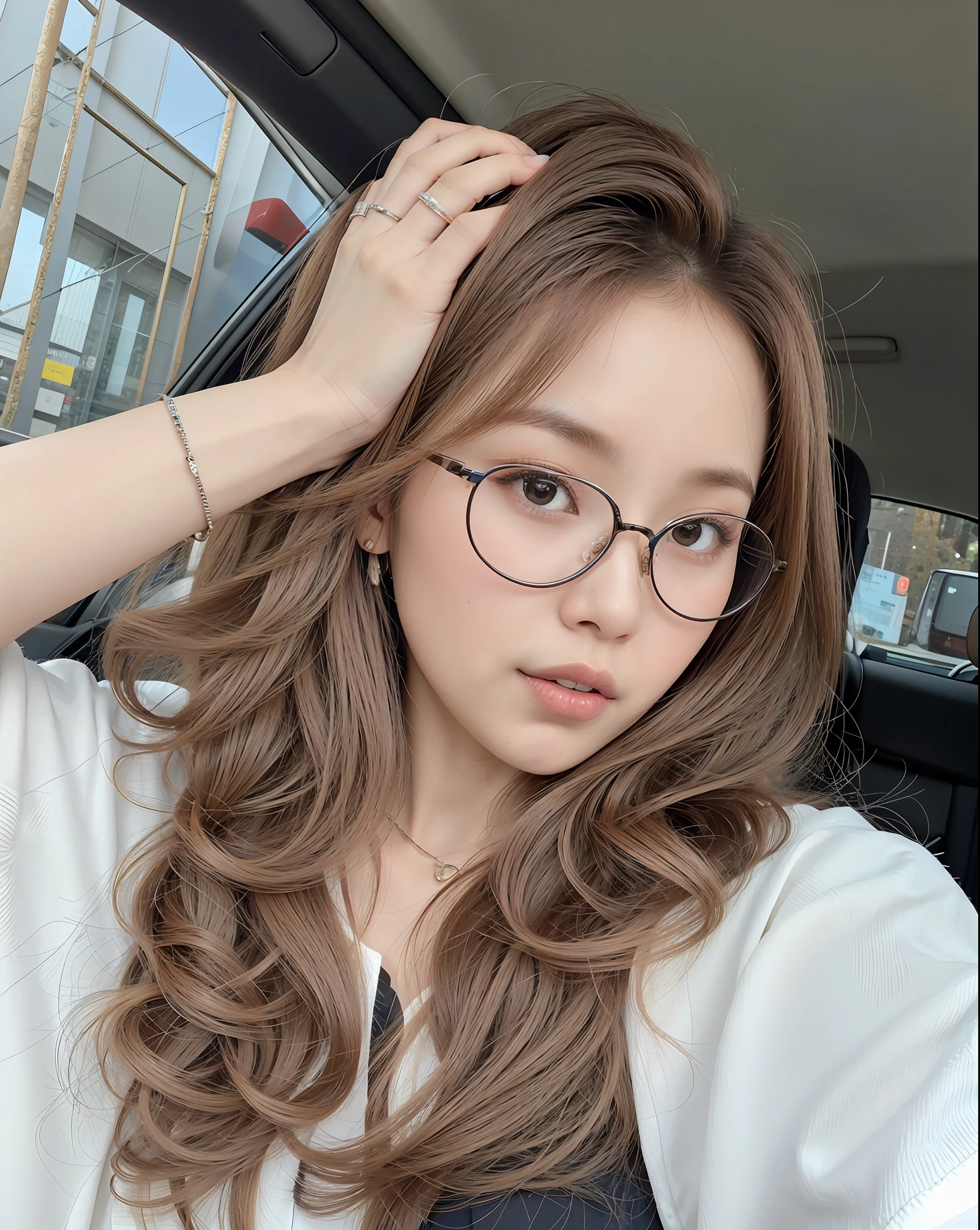 arafed woman with glasses sitting in a car with her hand on her head, with glasses, with glasses on, girl with glasses, spectacled, 2 7 years old, 2 8 years old, pokimane, korean girl, 2 9 years old, wearing thin large round glasses, 2 2 years old, 21 years old, a young asian woman, detail lip.