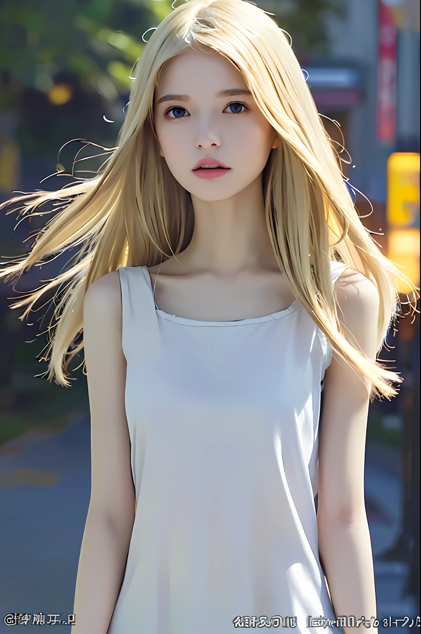 ((Best Quality, 8k, Masterpiece: 1.3)), Full Body, Focus Sharp: 1.2, Outstanding Beauty: 1.4, Slender Abs: 1.2, (((Blonde, Big: 1.2)), Tank Top Dress: 1.1, (Night City, Street: 1.1), Highly Detailed Face and Skin Texture, Detailed Eyes, Double Eyelids