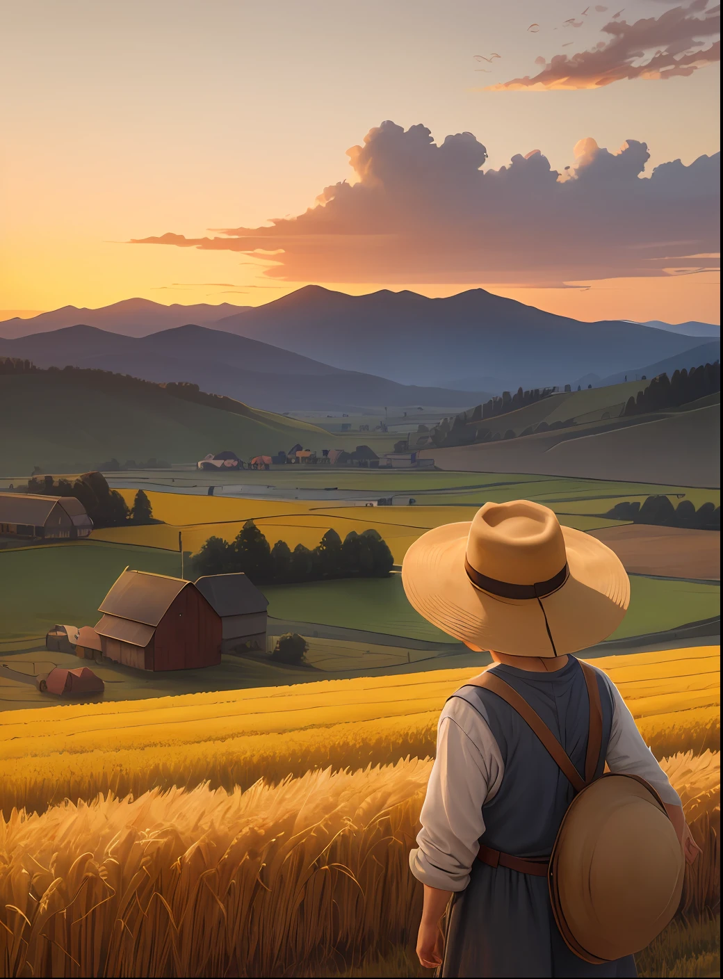 farm, wheat, barn, farmer, hat on head, scarecrow, mountainous background, farmhouse, sunset, yellow sky