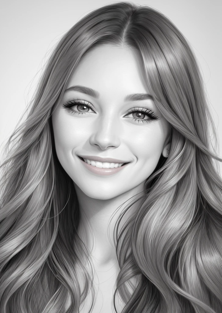 a drawing of a woman with a long hair and a big smile, potrait of a female face, a woman's face, face portrait of a woman, woman's face, face female portrait, sketch of a caucasian face, female face, portrait of a woman's face, portrait of woman's face, face portrait, simple drawing, detailed face of a woman