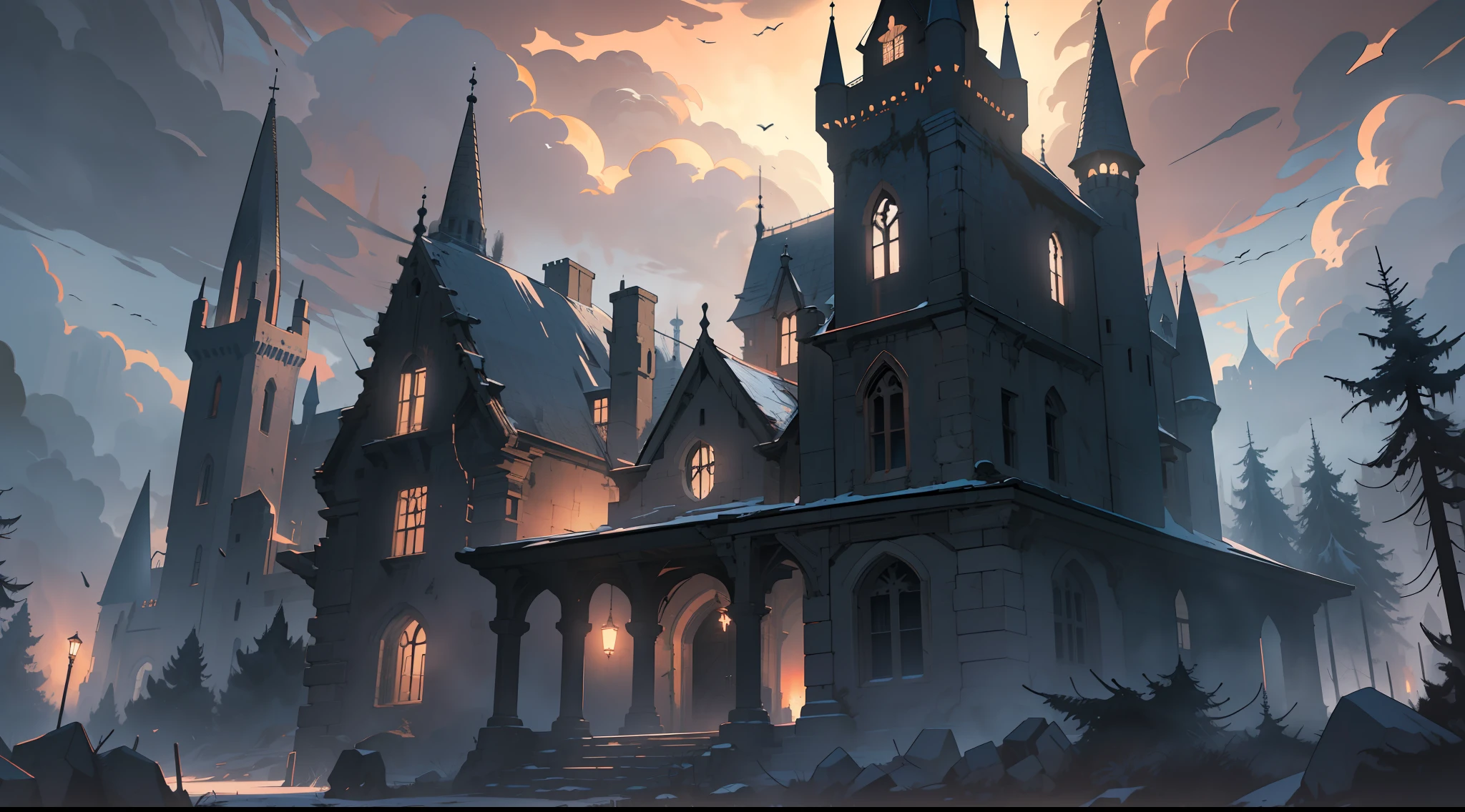 (Ultra detailed), (masterpiece), (best quality), (very detailed CG unit 8k wallpaper), a shadowy being with skull face looking at a small medieval town, pine trees, castle, towers, polluted, abandoned, dawn, concept art, soft light, dimly lit, deformed clouds, dark, cinematic, highly detailed, stylized wallpaper