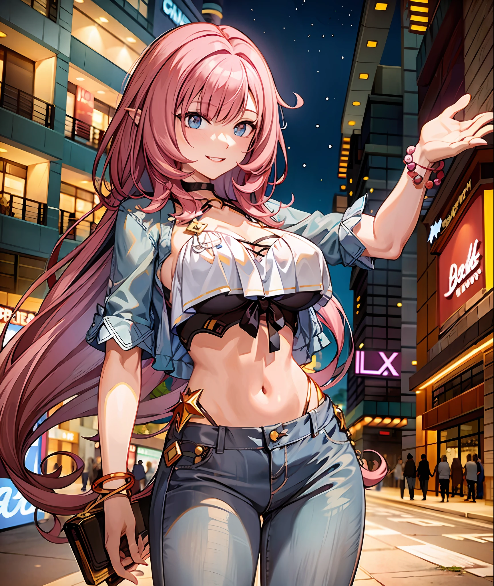 Crop top, jeans, f cup, smiling, mall background