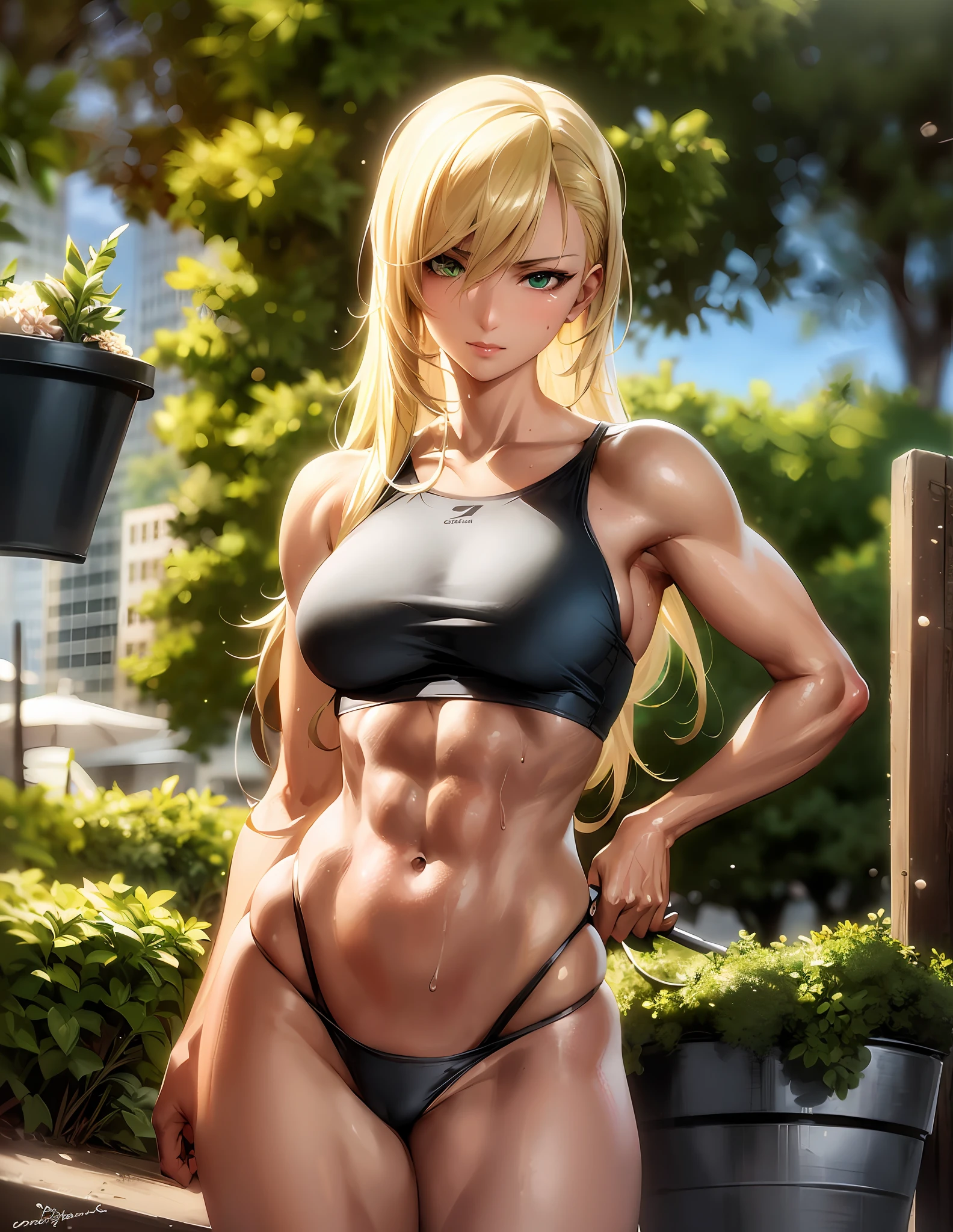 anime, masterpiece, best quality, realistic, hyper-detailed, shiny skin, sweaty, slender, sfw, ecchi, sensual, dynamic lighting, high resolution, sharp focus, depth of field. A woman (blonde hair, tanned white skin, toned abs, green eyes), loose gym clothes, kicking a trash can, dirty detailed city on background, 80's city, realistic