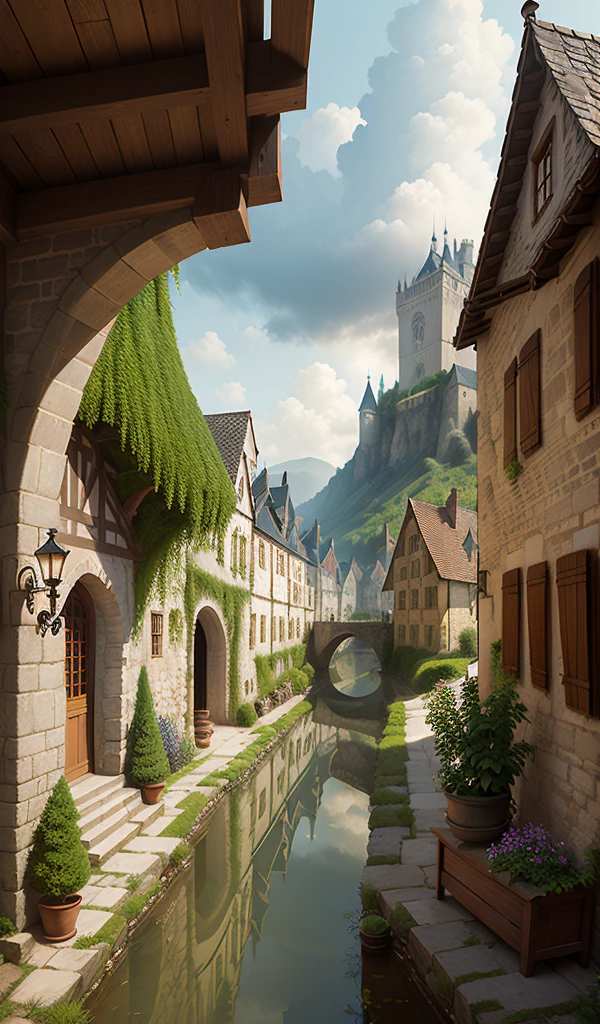 ((masterpiece)),((best quality)),((high detail)),((realistic,)) Médieval-era city, deep gorges in the middle, architectural streets, tavern, stables, bridges, rainy days, steampunk, European architecture
