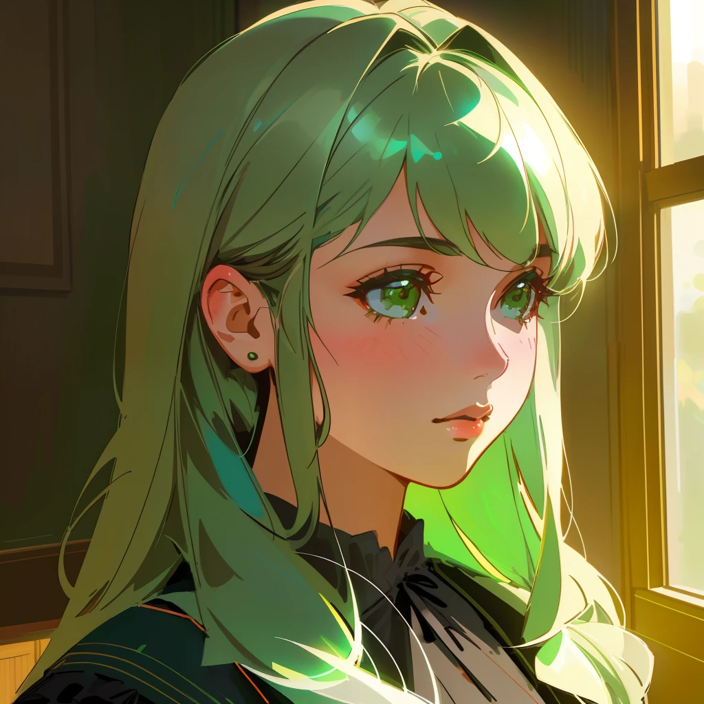Generate an image of a young British girl with long gray hair and emerald green eyes. (Portrait, Semi-Realistic Style, Indoor Setting, Natural Lighting, Medium Quality, Subtle Noise, Cool Colors, Realistic Brushwork, DeviantArt Influence, Vintage Clothing, Macro Lens)