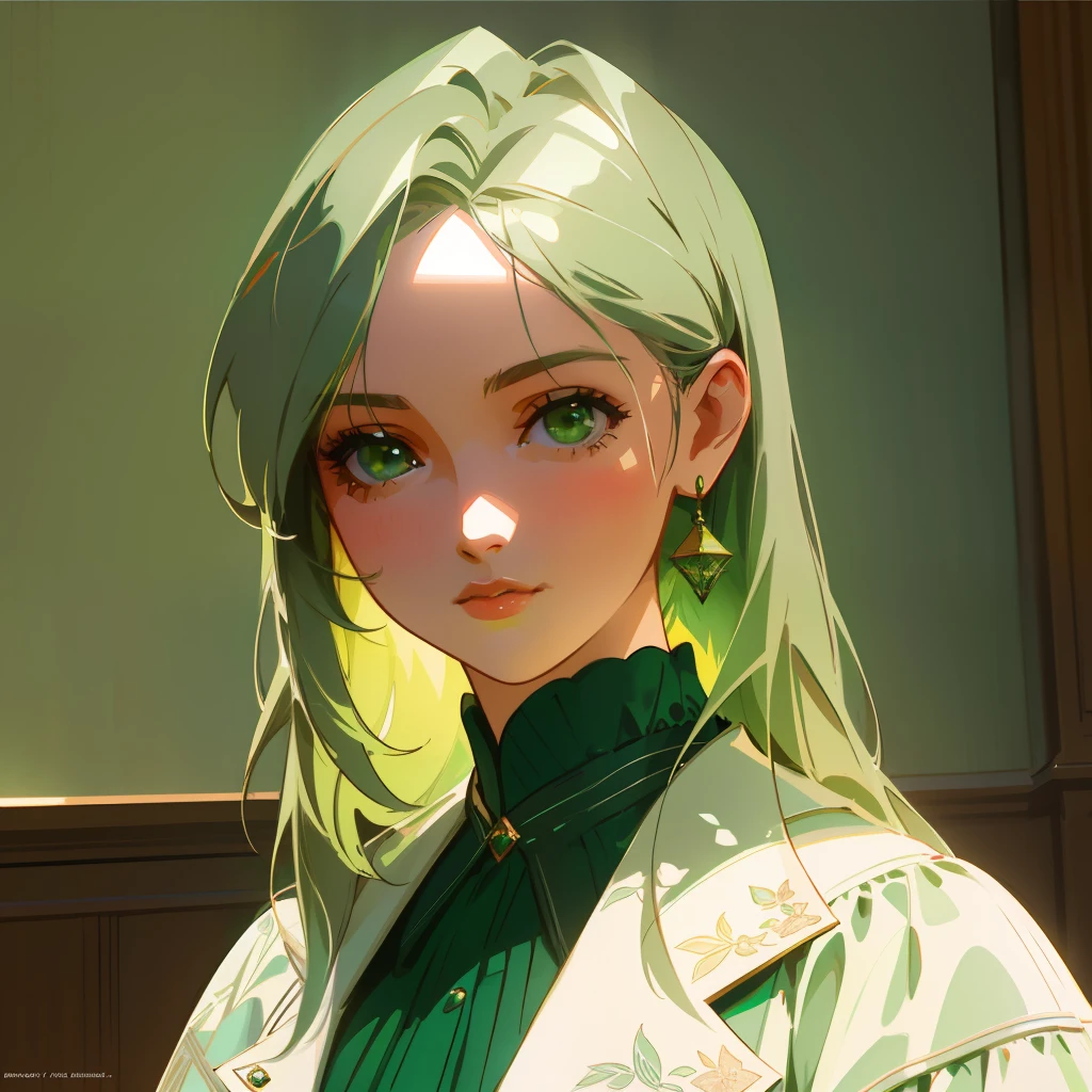 Generate an image of a young British girl with long gray hair and emerald green eyes. (Portrait, Semi-Realistic Style, Indoor Setting, Natural Lighting, Medium Quality, Subtle Noise, Cool Colors, Realistic Brushwork, DeviantArt Influence, Vintage Clothing, Macro Lens)