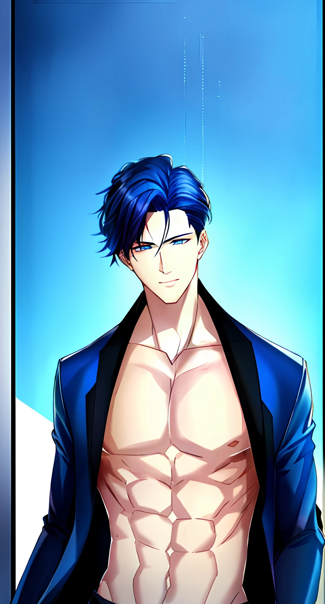 Dark blue hair, a man's face with blue eyes, a fraudulent grin, photo-realism, a photo-portrait of a handsome man, hyper-realism
