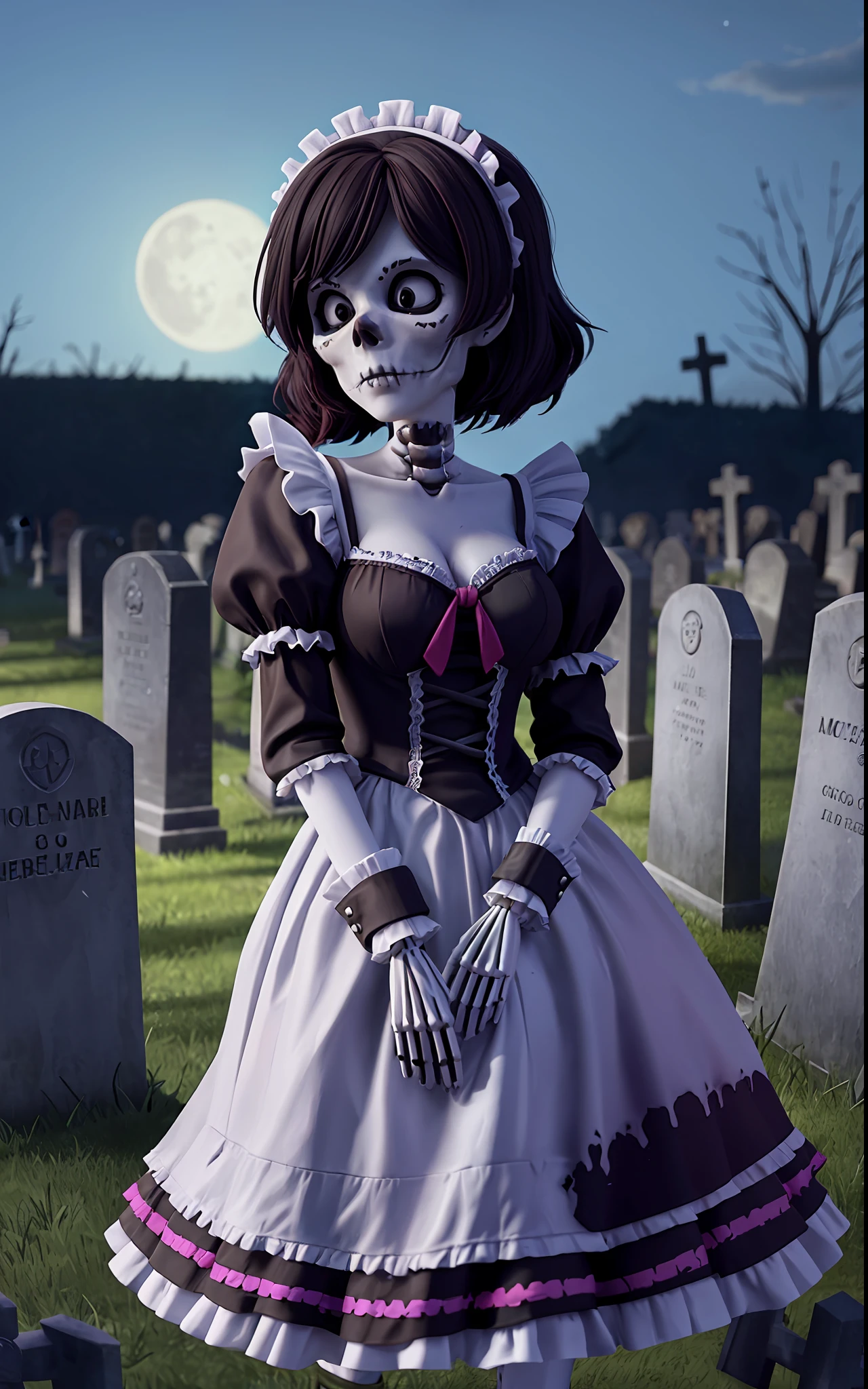 Create a 64k image of a zombie skeleton woman, dressed as a maid, in a macabre graveyard at night.