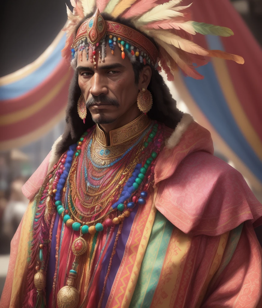 a photo of a man wearing a costume of colorful feathers with ornate patterns of beads and colorful jewelry at a carnival party, CHV3CBigChief, fixed in the post, corrected color, professional, masterpiece, commissioned, attractive face, facial expression, professional hands, professional anatomy