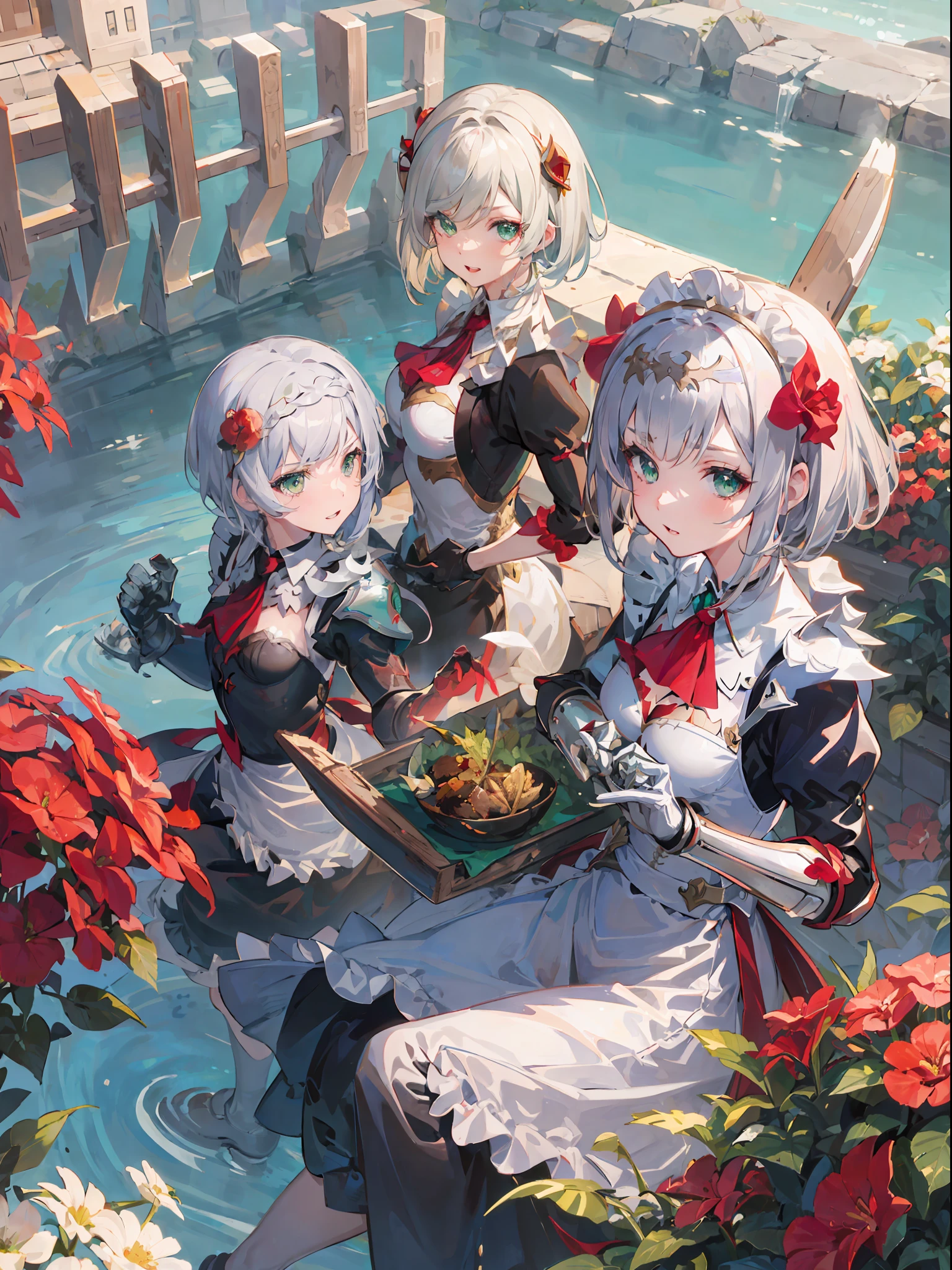 masterpiece, best quality, illustration, fighting pose, 1girl, noelle genshin impact, short silver hair, green eyes, maid skirt with red side parts, maid knight, maid knight armor, castle bridge, water,