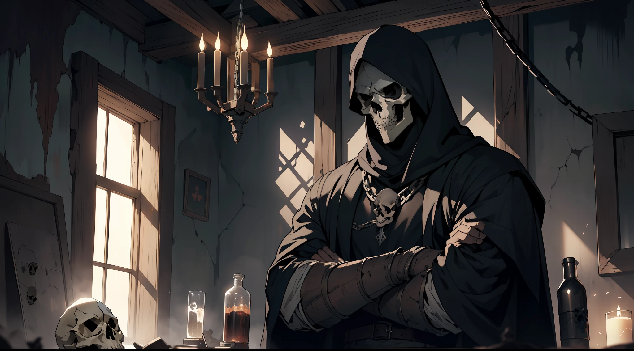 (Ultra detailed), (masterpiece), (best quality), (very detailed CG unit 8k wallpaper), a shadowy being with ((skull face)) in a medieval prison, chains around his arms, a rusty broken crown on his head, a window illuminates the place with a dim light, abandoned, dawn, concept art, soft light, dimly lit, deformed clouds,  dark, cinematic, ((horror)), highly detailed, stylized wallpaper