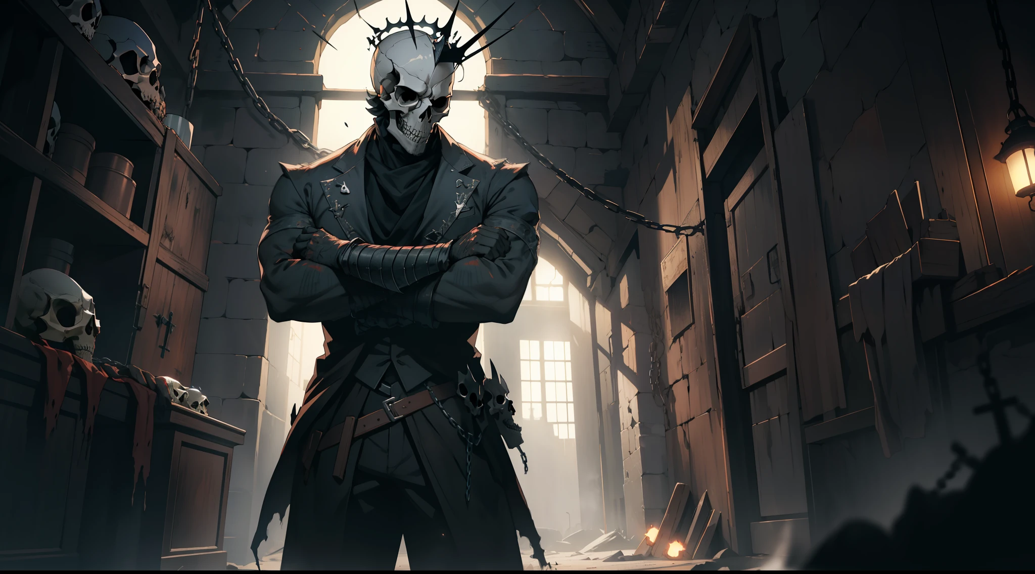 (Ultra detailed), (masterpiece), (best quality), (very detailed CG unit 8k wallpaper), a shadowy being with ((skull face)) in a medieval prison, chains around his arms, a rusty broken crown on his head, a window illuminates the place with a dim light, abandoned, dawn, concept art, soft light, dimly lit, deformed clouds, dark, cinematic, ((horror)), highly detailed, stylized wallpaper