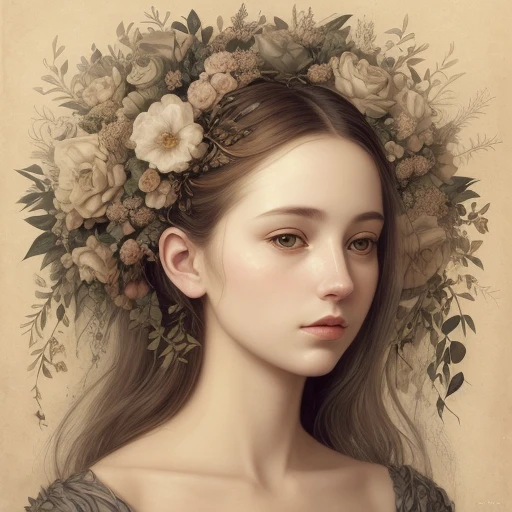 This is a botanical masterpiece in the style of Marco Mazzoni. The details are exquisite, blending elements of surrealism and symbolism with elegant elements and revealing a sophisticated design aesthetic. The woman depicted in the painting is exceptionally beautiful, surrounded by soft elements such as flowers and butterflies. The golden details further enhance the mysterious atmosphere of the whole picture, while the female gaze seems to have a direct connection with the viewer.