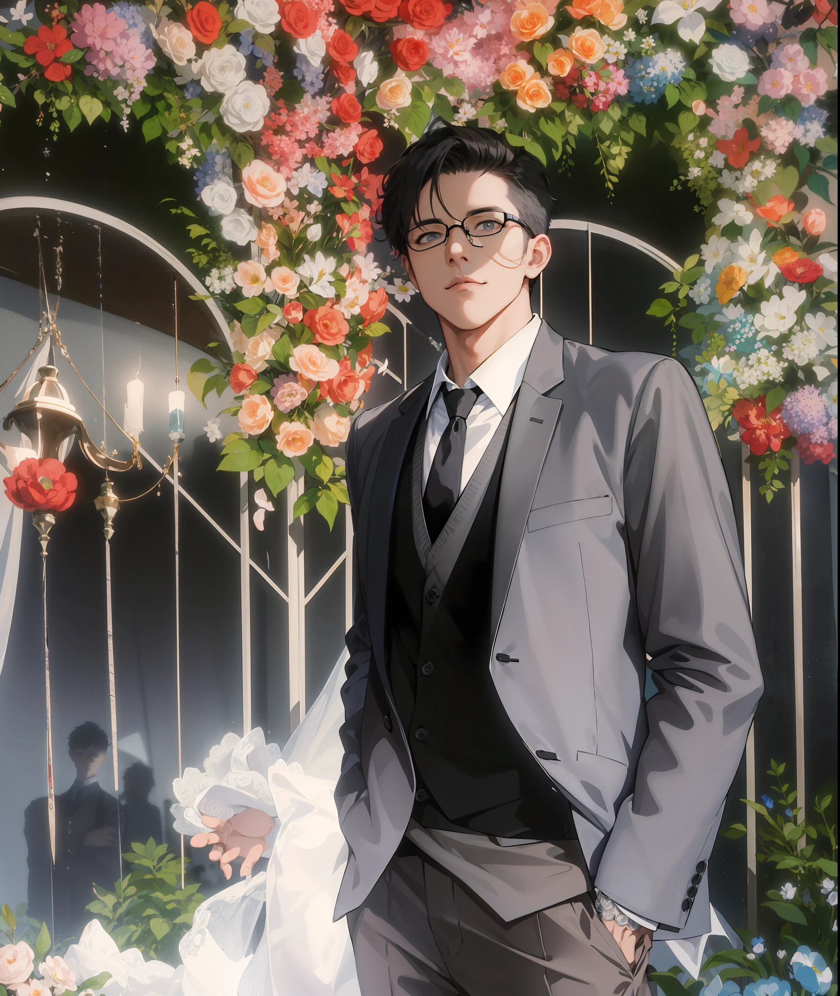 masterpiece),(best quality:1.0), (ultra highres:1.0), detailed illustration, 8k, anime, 1boy, anime boy, grey suite, grey vest, white shirt, black necktie, hands in pocket, detailed face, glasses, black pupils, detailed eyes, glasses, day time, flower background, wedding ceremony, detailed, anime style, best quality