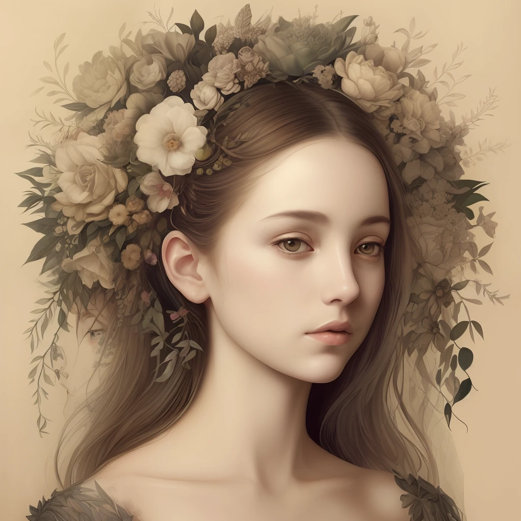 This is a botanical masterpiece in the style of Marco Mazzoni. The details are exquisite, blending elements of surrealism and symbolism with elegant elements and revealing a sophisticated design aesthetic. The woman depicted in the painting is exceptionally beautiful, surrounded by soft elements such as flowers and butterflies. The golden details further enhance the mysterious atmosphere of the whole picture, while the female gaze seems to have a direct connection with the viewer.