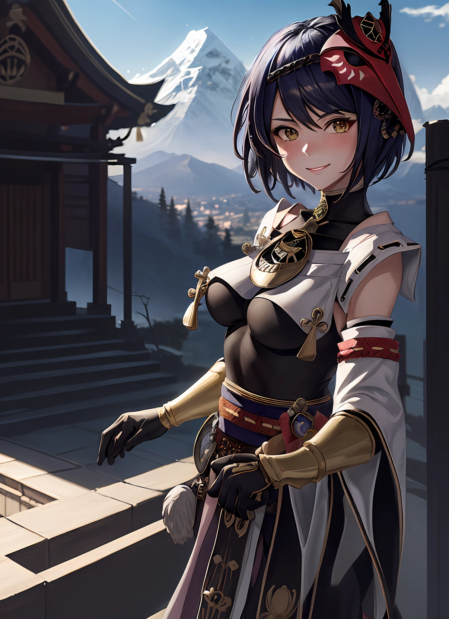 kujousaradef, upper body, smile, blush, outdoors, day, simple background, blue sky, short hair, sky, temple, looking at viewer, stairs, mountain, moody lighting, facing viewer,