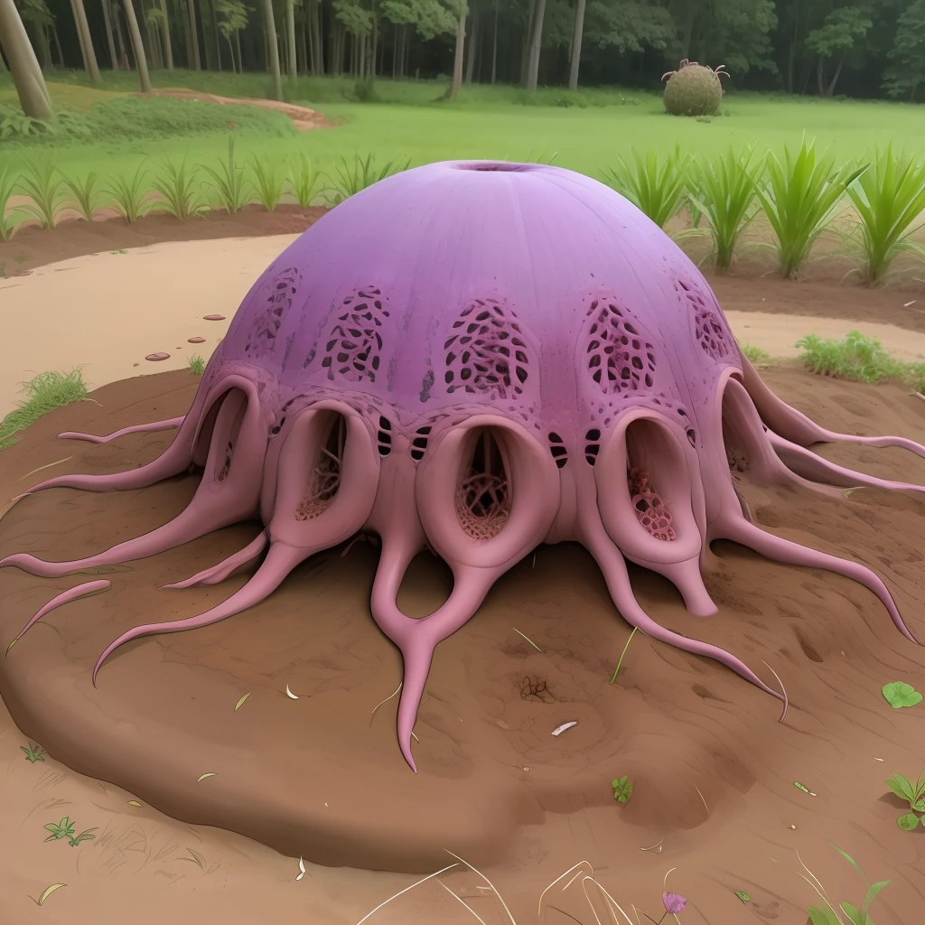 Clathrus archeri covering a large tall pile of soil highlighting a floating purple portal that is in the shape of an orb