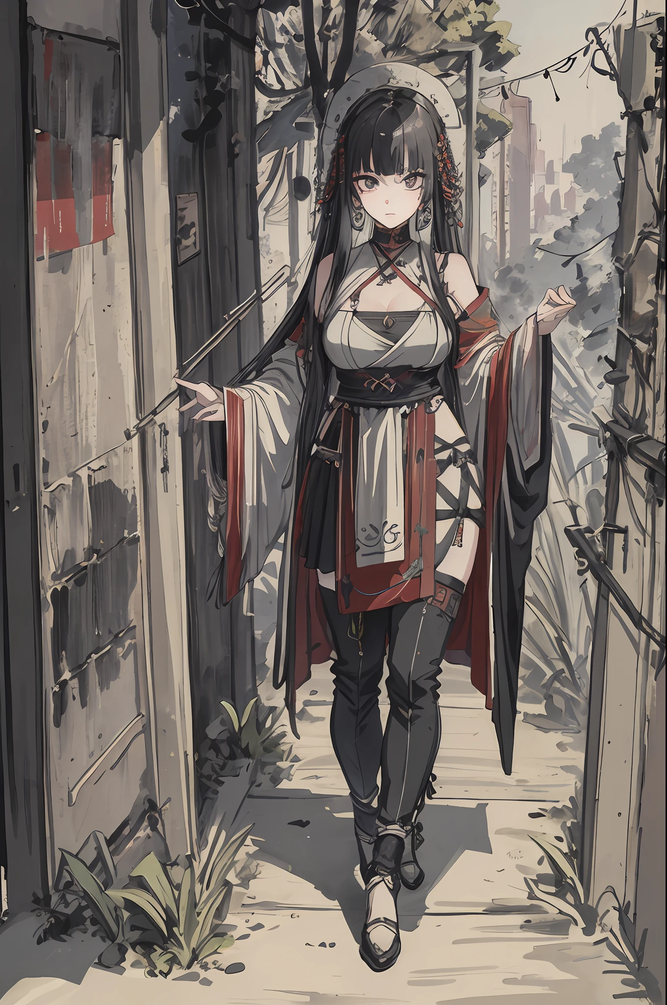 cyberpunk woman wearnng ancient pagan slavic rus clothes mixed with nu-goth aesthetic. portrait, detailed face, masterpiece
