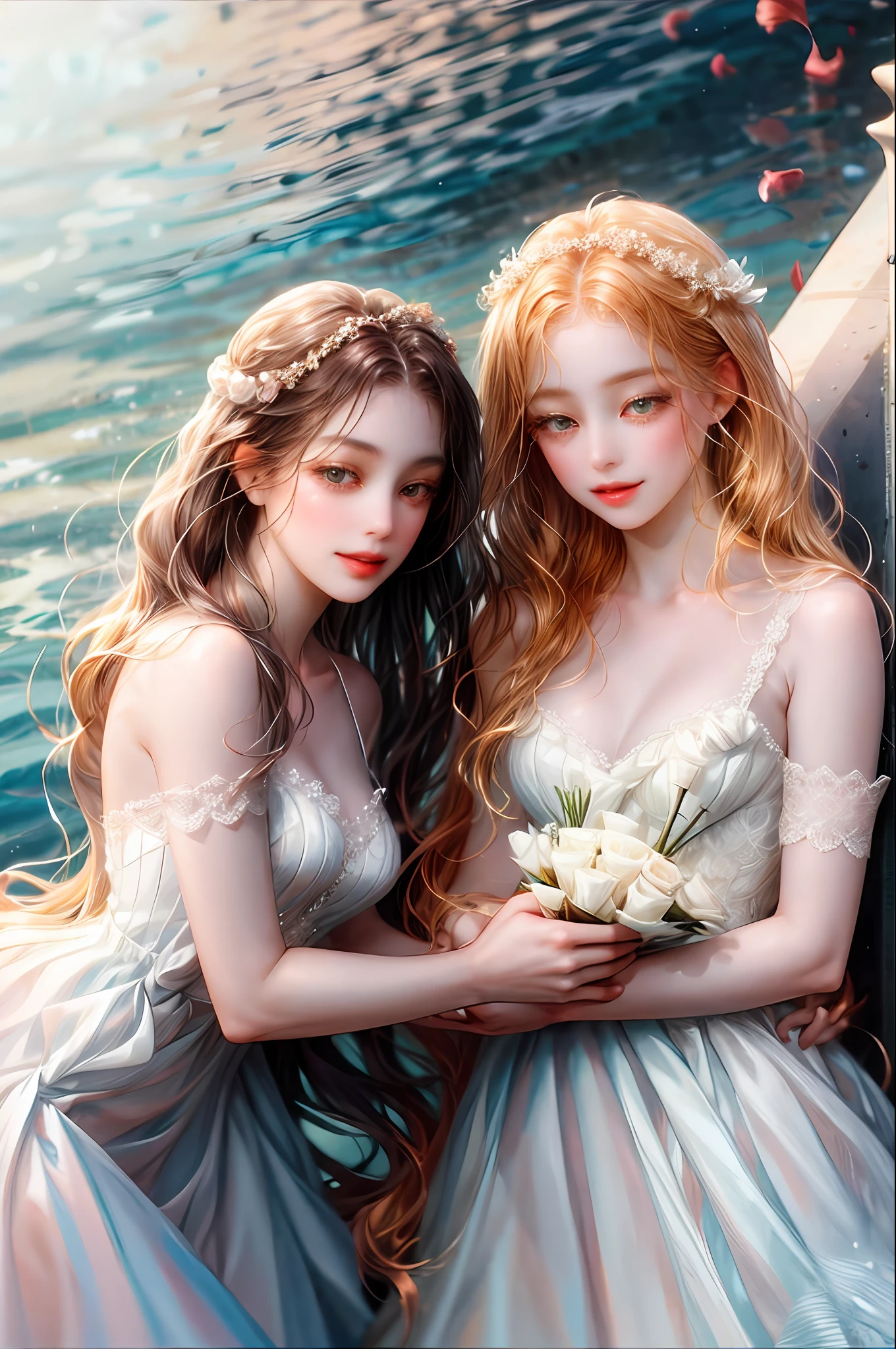 Two girls facing the sea looking at each other happily in white dresses and one of them holds a bouquet of roses