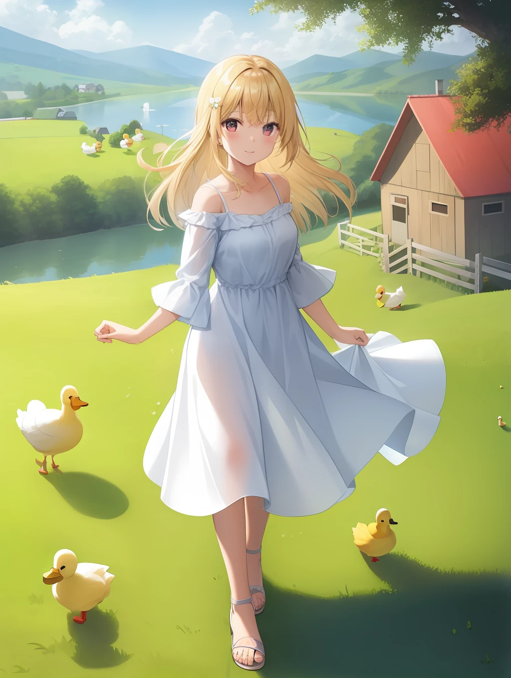 soft wind, grass, sunny, farm house,  girl with white midi dress, (sweet little dog), (duck family in the lake)