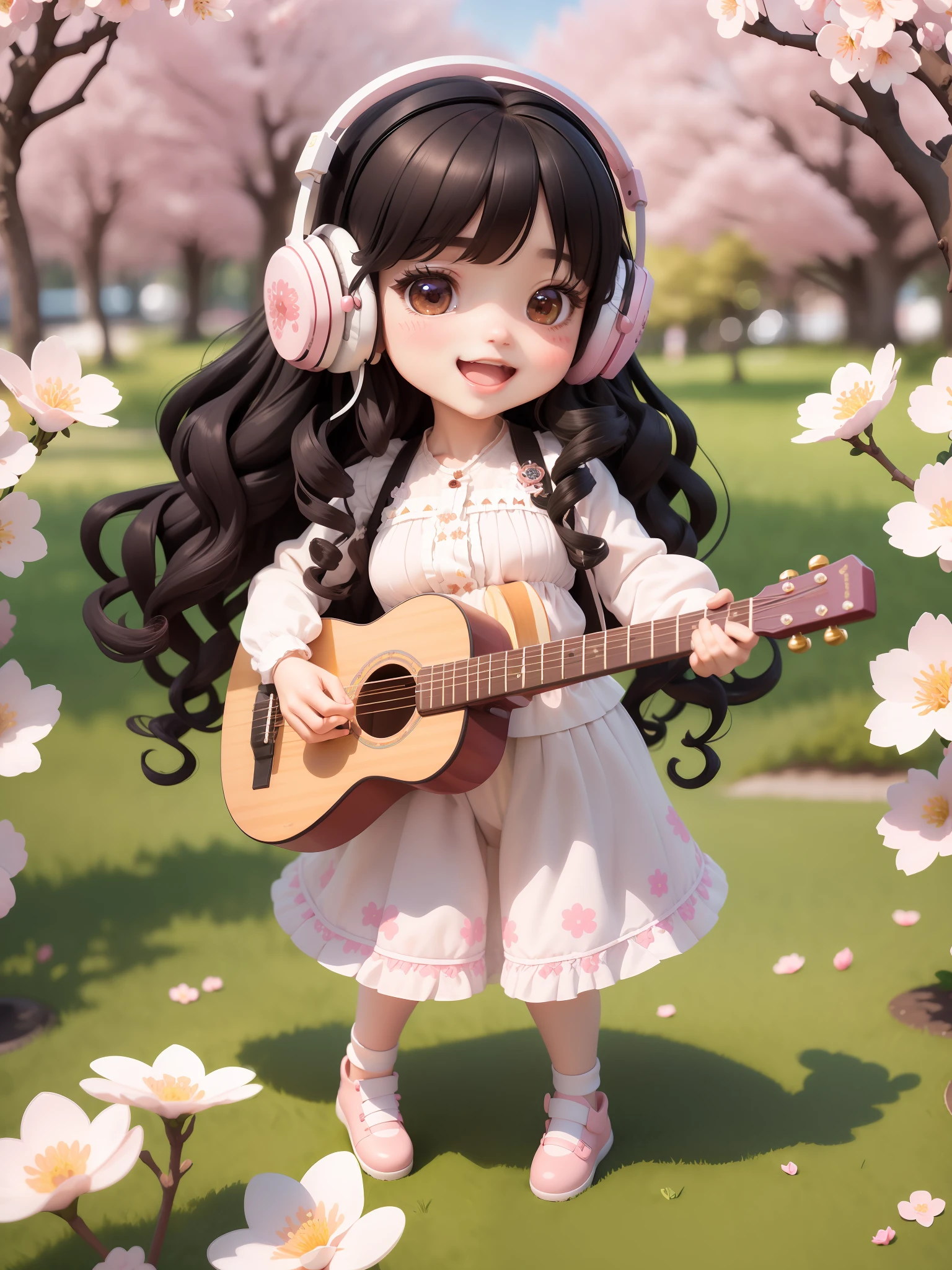 (masterpiece),(best quality),(ultra-detailed), (full body:1.2), 1girl,chibi,cute, smile, open mouth, outdoors, playing guitar, music, holding guitar, blush, :3, blouse, large curly hair, cherry blossoms, white comb, blurry, black hair, blush stickers, long sleeves, headphones, black hair, (beautiful detailed face), (beautiful detailed eyes),