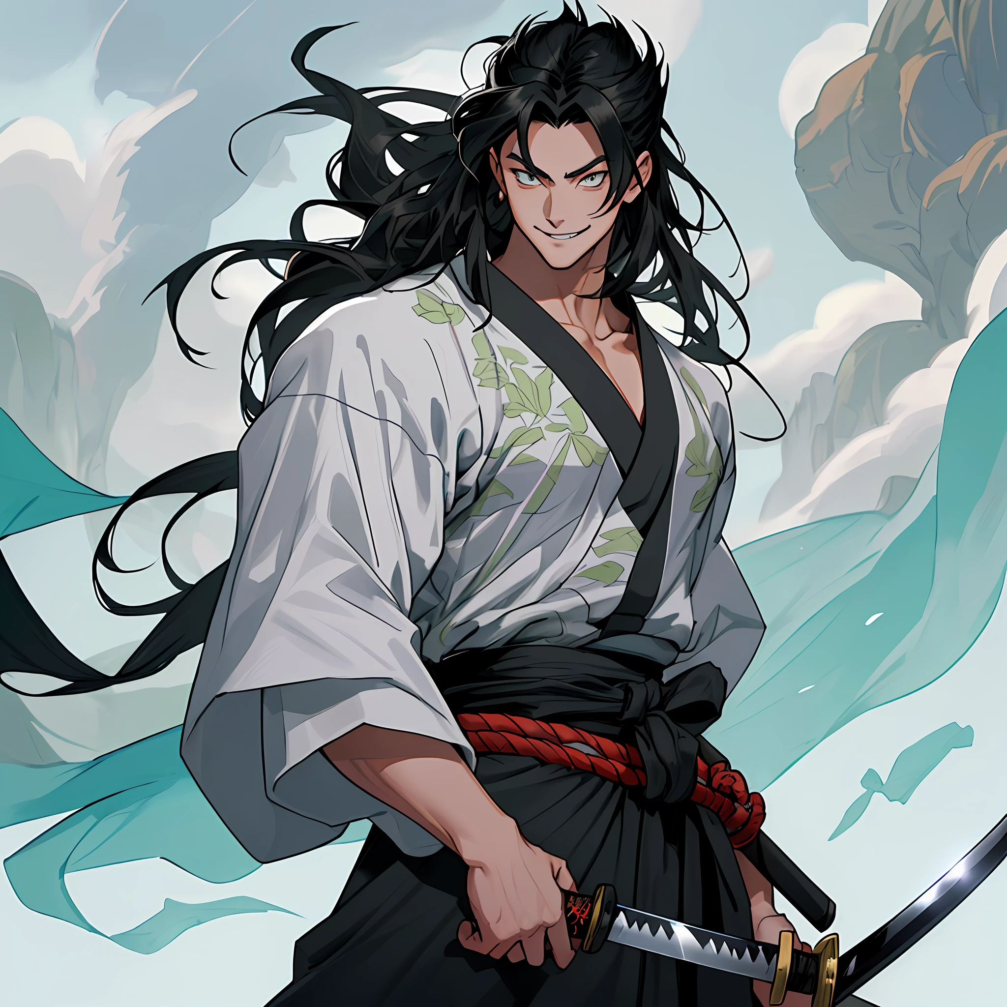 best quality (katana: 1.4), serious,(at night: 1.4), a single **-****-*** has long black hair that is loose to the winds, and poured down his body, smooth and shiny, which fall gently to his back. Her hair is thick and has a healthy appearance, contrasting with her fair skin. The young man's eyes are deep and emerald green, intense as two light pearls. They reflect calm and an inquisitive curiosity. With his upright posture, the young man shows a confident bearing and a cheerful and hyperactive aura. He is shirtless and underneath wears the underside of a white kimono with blue-green details with grey clouds printed, with a large yellow ribbon at his waist, sleeveless, made of a quality fabric. giving him the look of a swordsman. At his waist, he carries a white katana with gray details on the blade. The long, sharp blade is made of polished steel, reflecting light. The katana grip is wrapped in black leather, offering a firm and secure grip. The scabbard of the sword adorned with demonic symbols. Kimetsu no Yaiba style, alone, 1boy, muscular man, demon slayer style, loose hair, quiet look, smiling, tall, confident, only 1, spilled hair, loose and big hair, small monkey on his shoulder, demon slayer artstyle