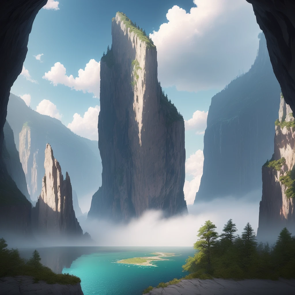 masterpiece, best quality, high quality, extremely detailed CG unity 8k wallpaper, scenery, outdoors, sky, cloud, day, no humans, mountain, landscape, water, tree, blue sky, waterfall, cliff, nature, lake, river, Fish jumping out of the water,cloudy sky,award winning photography, Bokeh, Depth of Field, HDR, bloom, Chromatic Aberration ,Photorealistic,extremely detailed, trending on artstation, trending on CGsociety, Intricate, High Detail, dramatic, art by midjourney