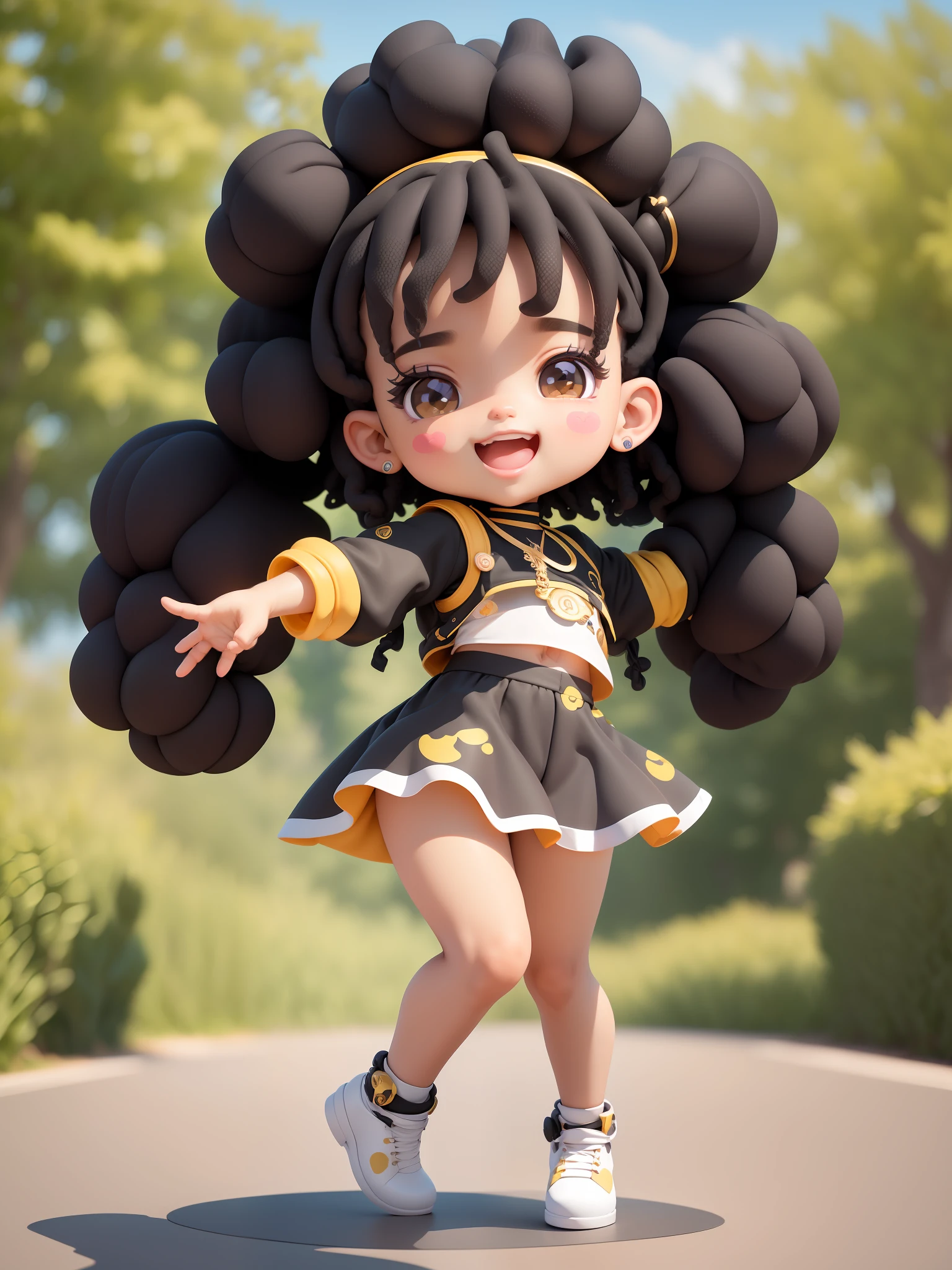 (masterpiece),(best quality),(ultra-detailed), (full body:1.2), 1boy,chibi,cute, smile, open mouth, outdoors, dancing breakdance, music, blush, :3, hip hop outfit, afro hair, blurry, black hair, blush stickers, black hair, (beautiful detailed face), (beautiful detailed eyes),