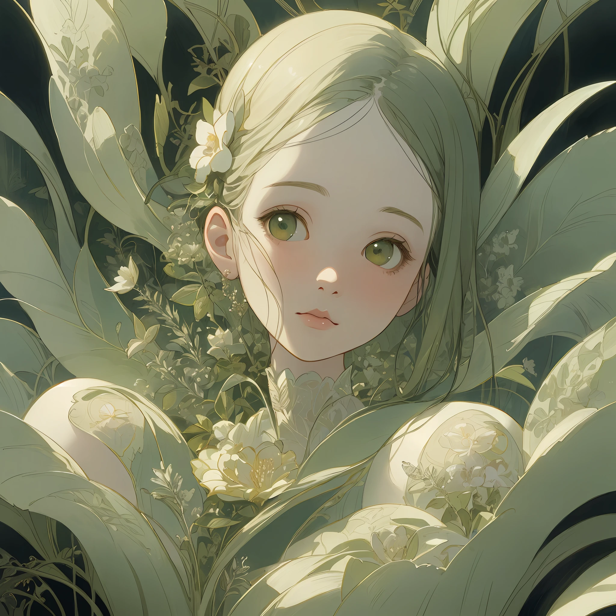 This is a botanical masterpiece in the style of Marco Mazzoni. The details are exquisite, blending elements of surrealism and symbolism with elegant elements and revealing a sophisticated design aesthetic. The woman depicted in the painting is exceptionally beautiful, surrounded by soft elements such as flowers and butterflies. The golden details further enhance the mysterious atmosphere of the whole picture, while the female gaze seems to have a direct connection with the viewer.