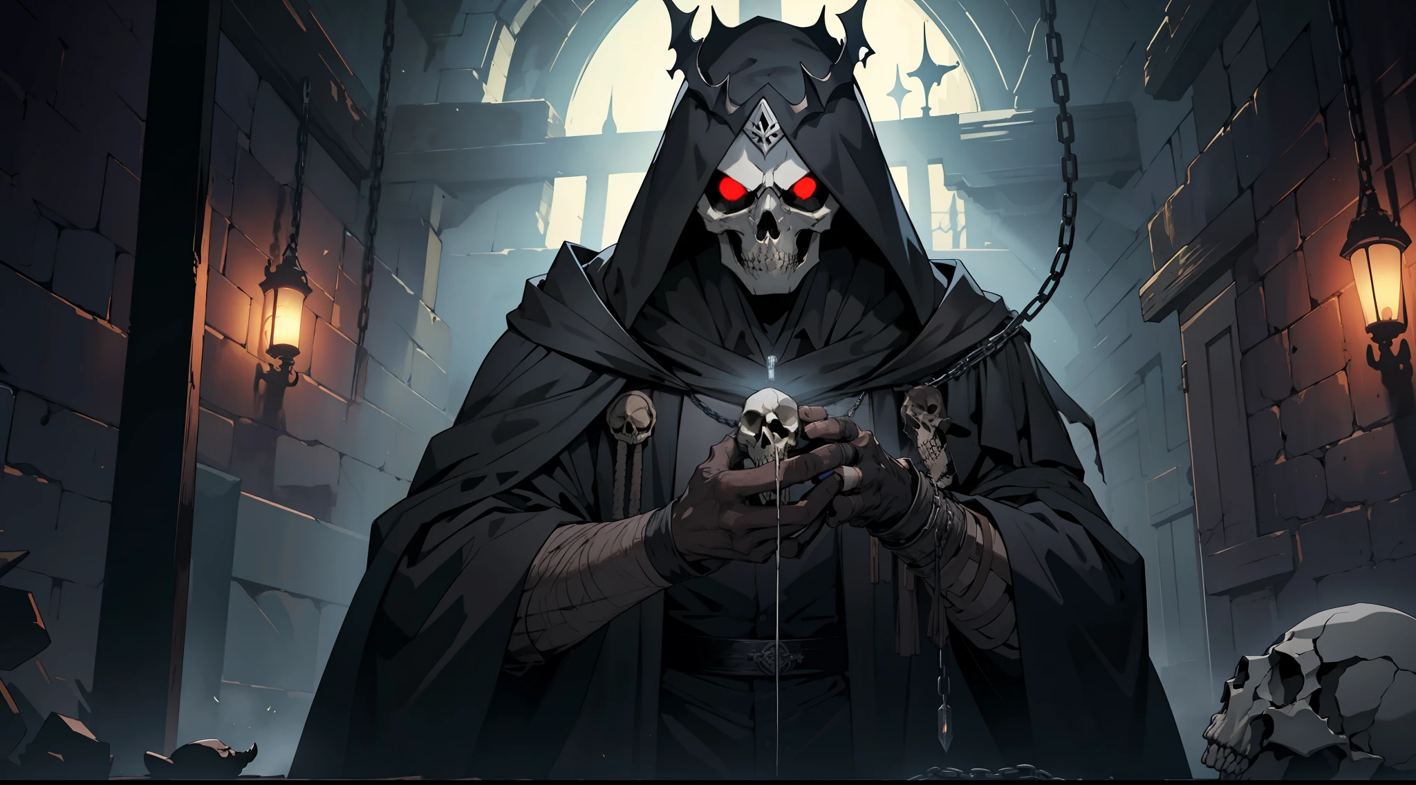 (Ultra detailed), (masterpiece), (best quality), (very detailed CG unit 8k wallpaper), a shadowy being with black robe ((skull face)) in his lair creating magic potions, chains on his clothes, a rusty broken crown on his head, animal carcasses on the wall, dim light, soft light, concept art, dimly lit, dark, cinematic, ((horror)), highly detailed, stylized wallpaper