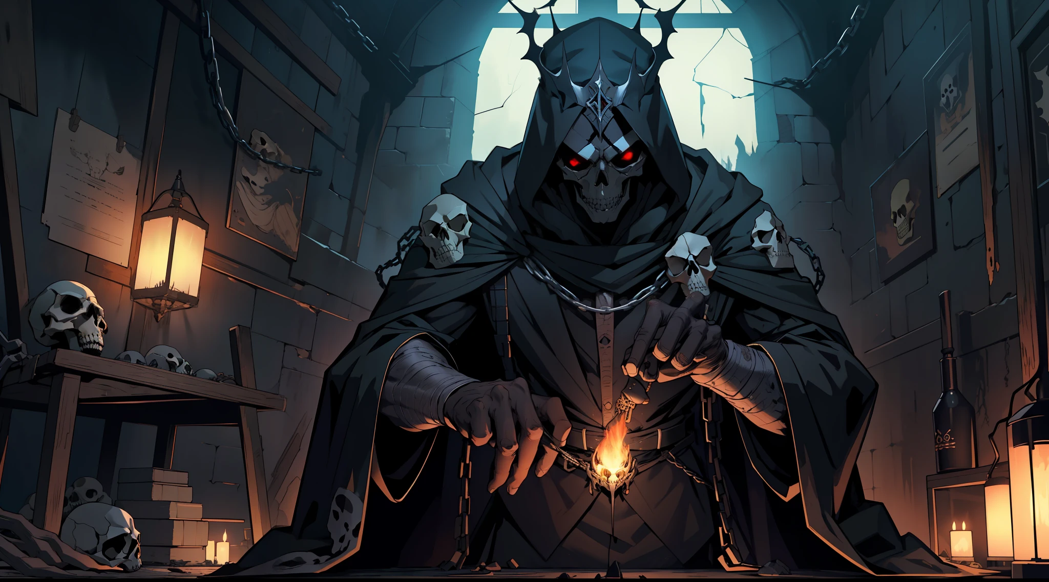 (Ultra detailed), (masterpiece), (best quality), (very detailed CG unit 8k wallpaper), a shadowy being with black robe ((skull face)) in his lair creating magic potions, chains on his clothes, a rusty broken crown on his head, animal carcasses on the wall, dim light, soft light, concept art, dimly lit, dark, cinematic, ((horror)), highly detailed, stylized wallpaper