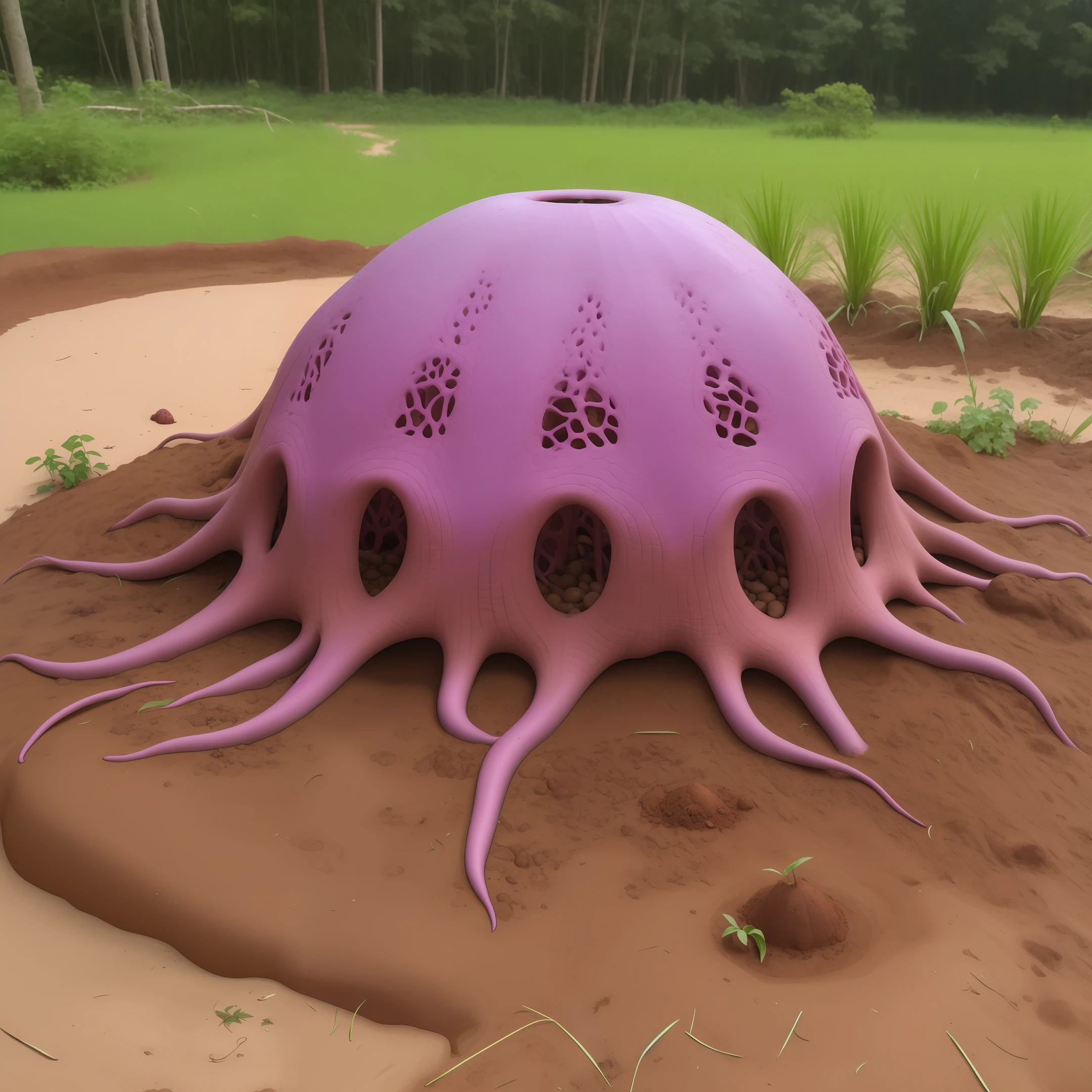 Clathrus archeri covering a large tall pile of soil highlighting a floating purple portal that is in the shape of an orb