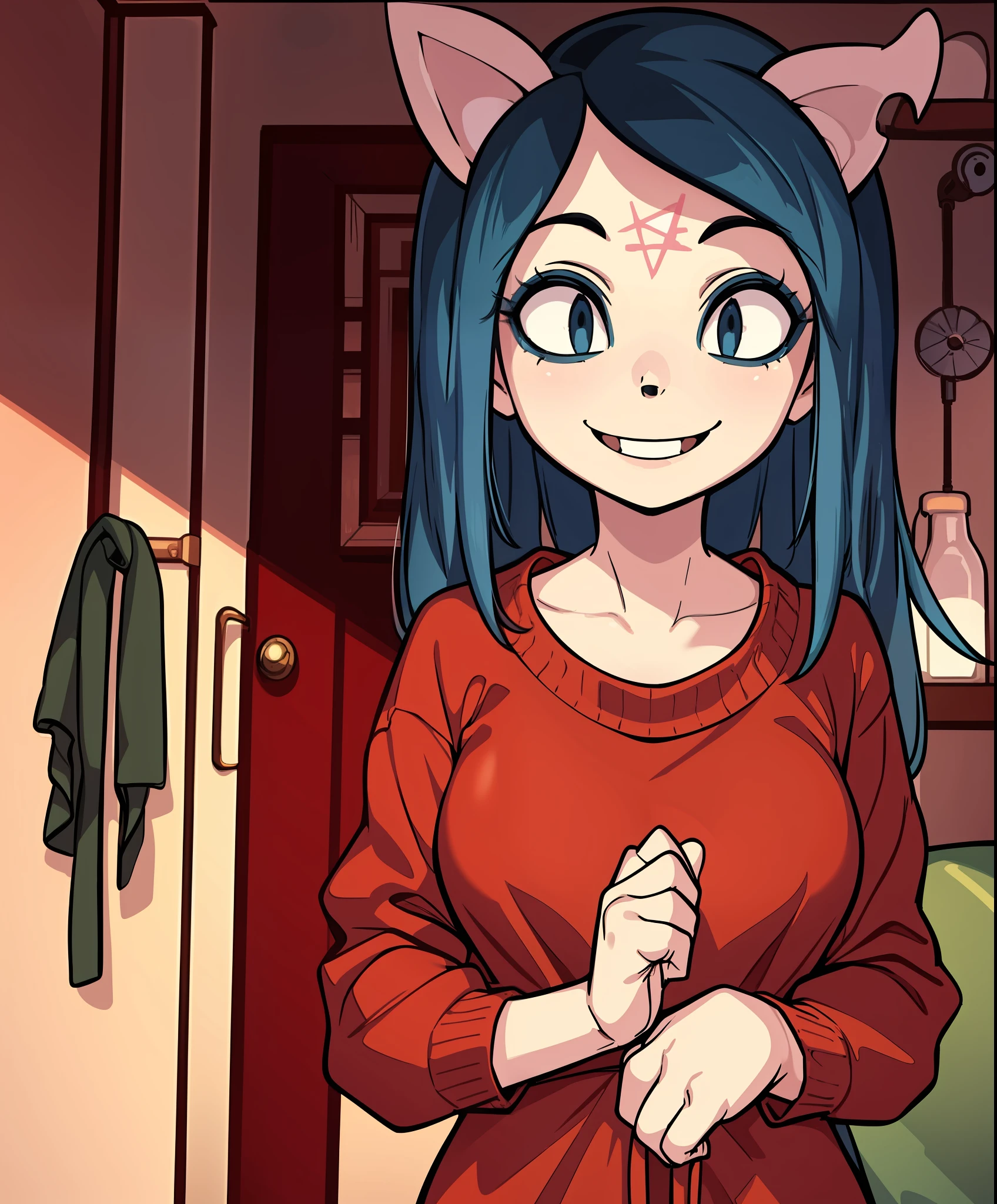 Claire, face smiling 1girl, alone, in an apartment with a good side and a bad side