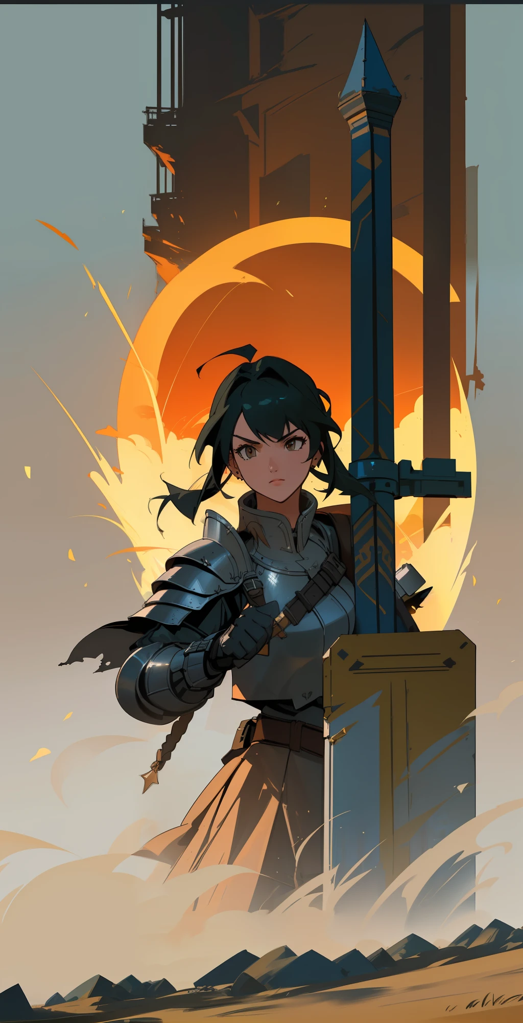 Generate an image of a dynamic and powerful female warrior with piercing eyes and sun-kissed skin in an epic medieval battlefield. (Style: Concept Art, Artist: Artstation, Scenario: War-torn Landscape, Lighting: Harsh Sunlight, Image Quality: Low-Poly 3D, Noise: Heavy Texture, Colors: Desaturated with Pops of Warm Tones, Painting Style: Digital Matte Painting, Artist's Style: Bold and Dynamic, Clothing Style: Armored and Battle-ready, Lens: Telephoto Zoom)