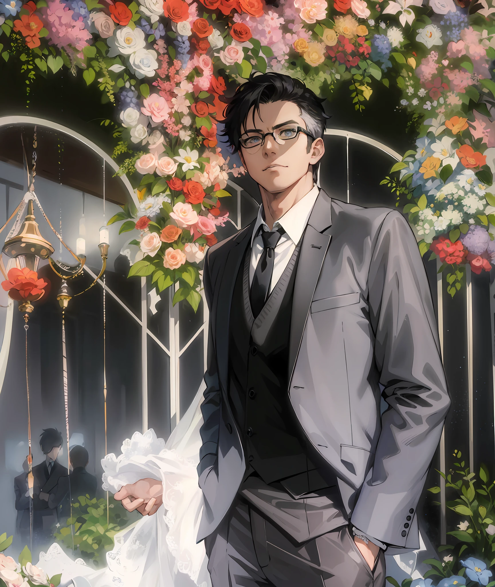 masterpiece),(best quality:1.0), (ultra highres:1.0), detailed illustration, 8k, anime, 1boy, anime boy, grey suite, grey vest, white shirt, black necktie, hands in pocket, detailed face, glasses, black pupils, detailed eyes, glasses, day time, flower background, wedding ceremony, detailed, anime style, best quality