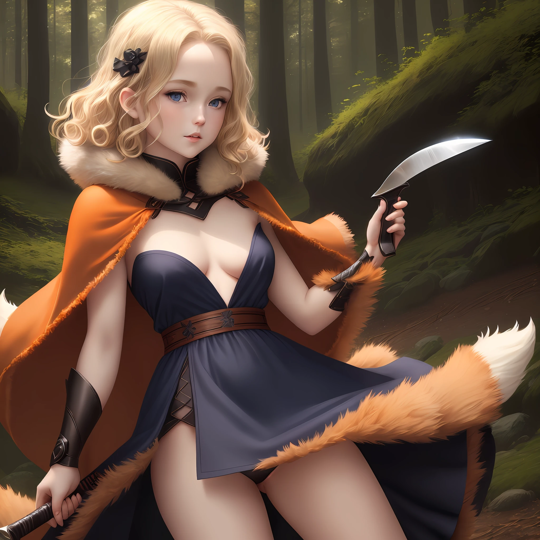 Blue-eyed Caucasian girl, short blonde wavy hair, holding a knife, wearing a black dress, small breasts half exposed, orange skirt, thighs exposed, wearing fox fur cloak, forest background, anime style