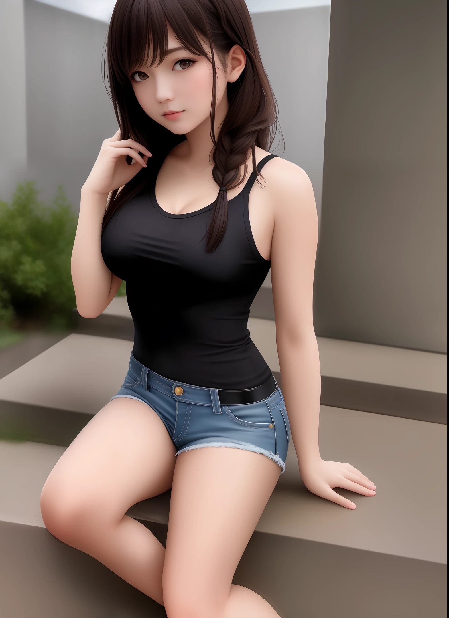 (Realistic: 1.4), (Realistic: 1.2), Solo, Woman, Asian, (See Audience: 1.4), Full Body, Best Quality, Ultra High Resolution, Average Breasts, Slim, Brunette Hair, Long Hair, Double Braid, Black T-Shirt, Denim Shorts, Natural Makeup. natural pose, cute, youthful, masterpiece, best quality, extremely detailed face, perfect lighting, solo,1 girl, best quality, super high resolution, super detailed,