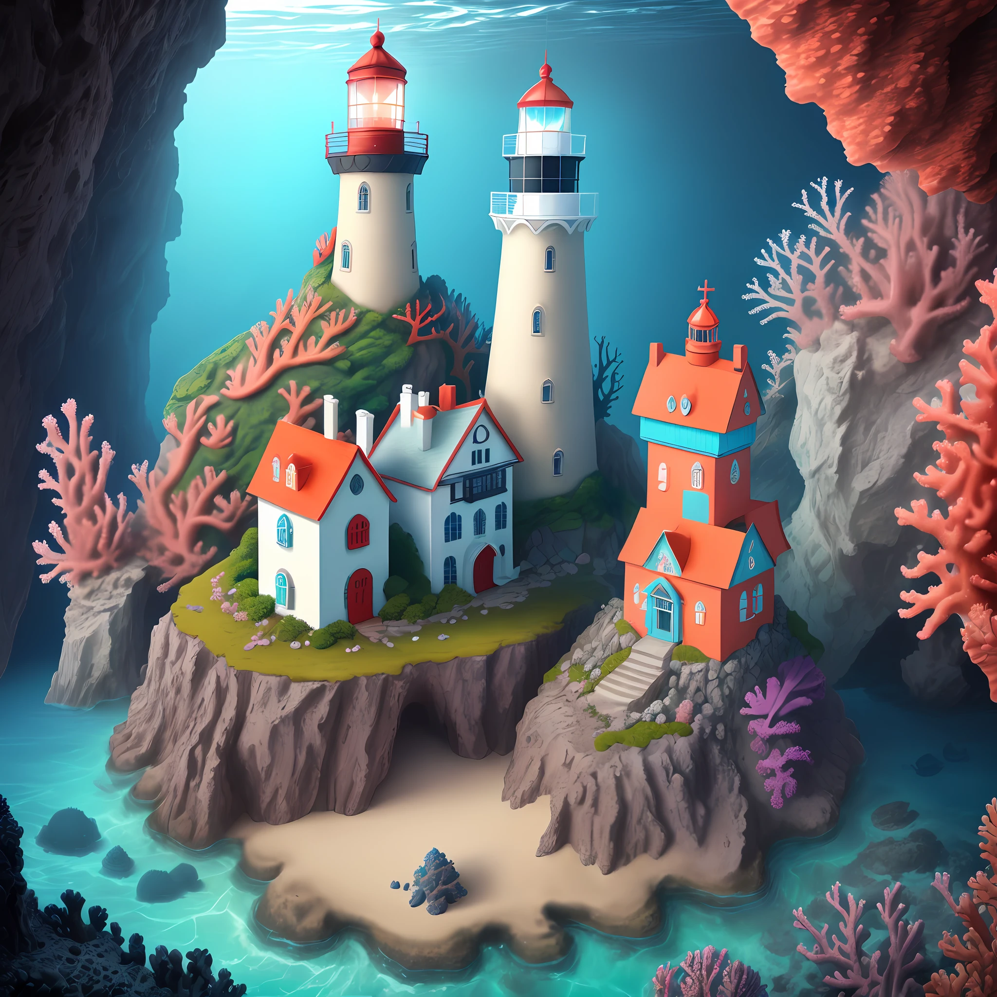 Ultra-Detailed, Digital Art

Coastal, (underwater:1.2), colourful, 

Lighthouse, (old:1.2), (made of rock:1.2), (multi color coral reef:1.2), (sea life:1.1), 

Giant octopus embracing lighthouse, (cute:1.2),