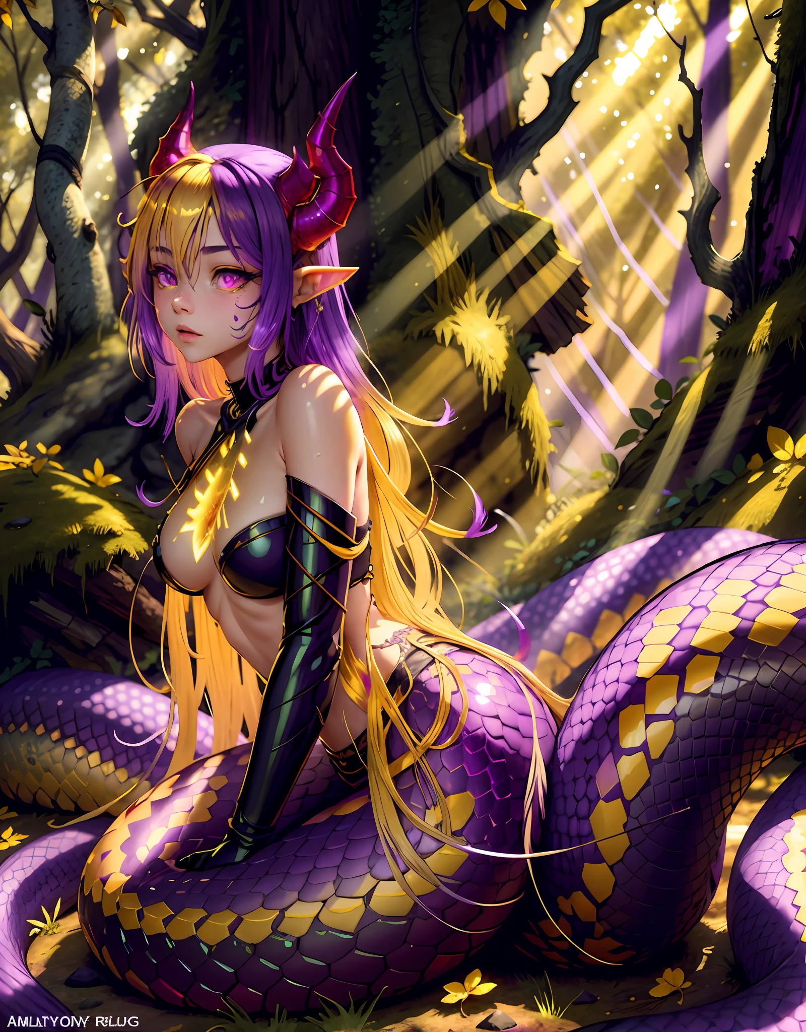 A woman in a purple and yellow outfit sitting on a snake - SeaArt AI