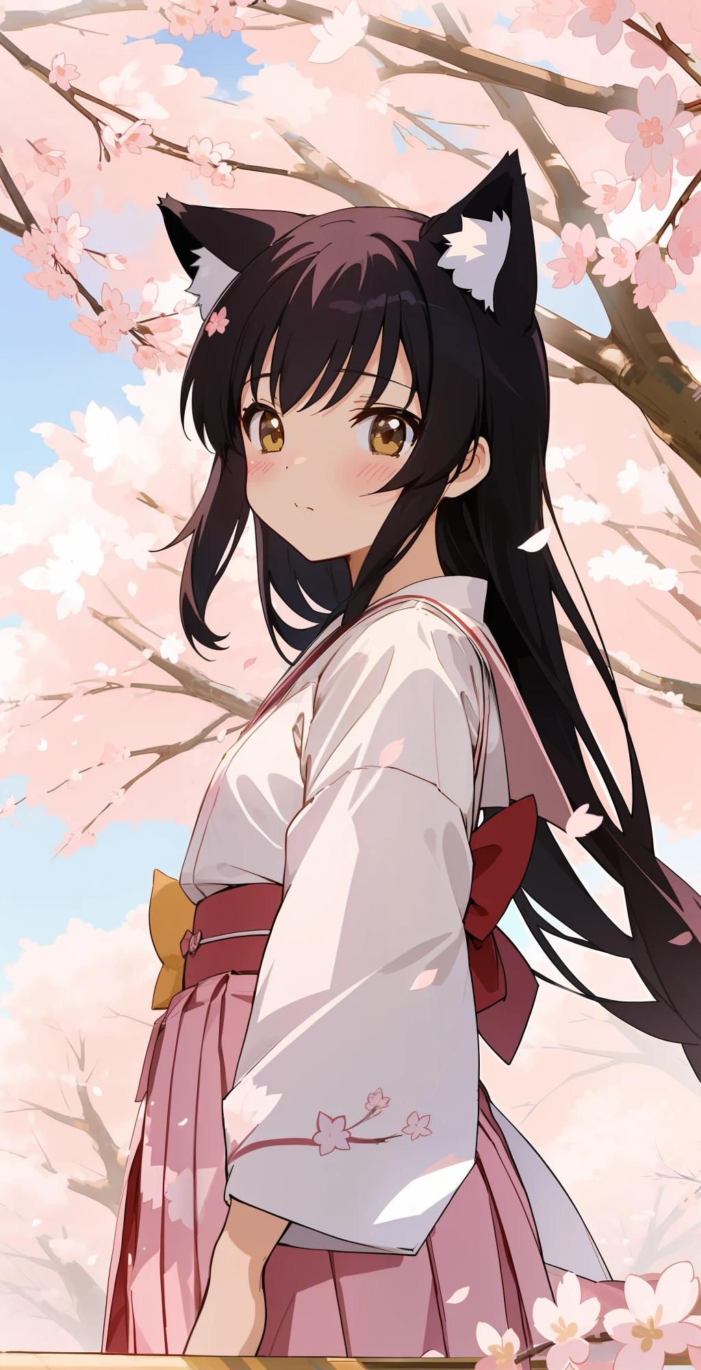 Generate an image of a playful Neko girl with cat ears and a mischievous expression, surrounded by a field of cherry blossoms. (Style: Anime, Artist: Artstation, Scenario: Blossoming Sakura Grove, Lighting: Soft and Dreamy, Image Quality: High, Noise: Minimal, Colors: Pastel and Sakura Palette, Painting Style: Cel-Shaded, Artist's Style: Kawaii and Expressive, Clothing Style: Japanese School Uniform, Lens: Standard)