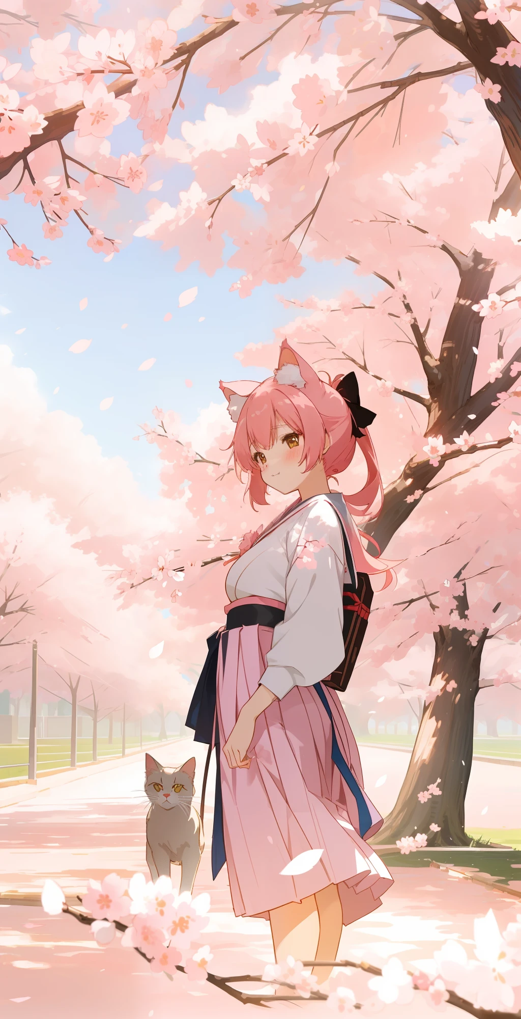 Generate an image of a playful Neko girl with cat ears and a mischievous expression, surrounded by a field of cherry blossoms. (Style: Anime, Artist: Artstation, Scenario: Blossoming Sakura Grove, Lighting: Soft and Dreamy, Image Quality: High, Noise: Minimal, Colors: Pastel and Sakura Palette, Painting Style: Cel-Shaded, Artist's Style: Kawaii and Expressive, Clothing Style: Japanese School Uniform, Lens: Standard)