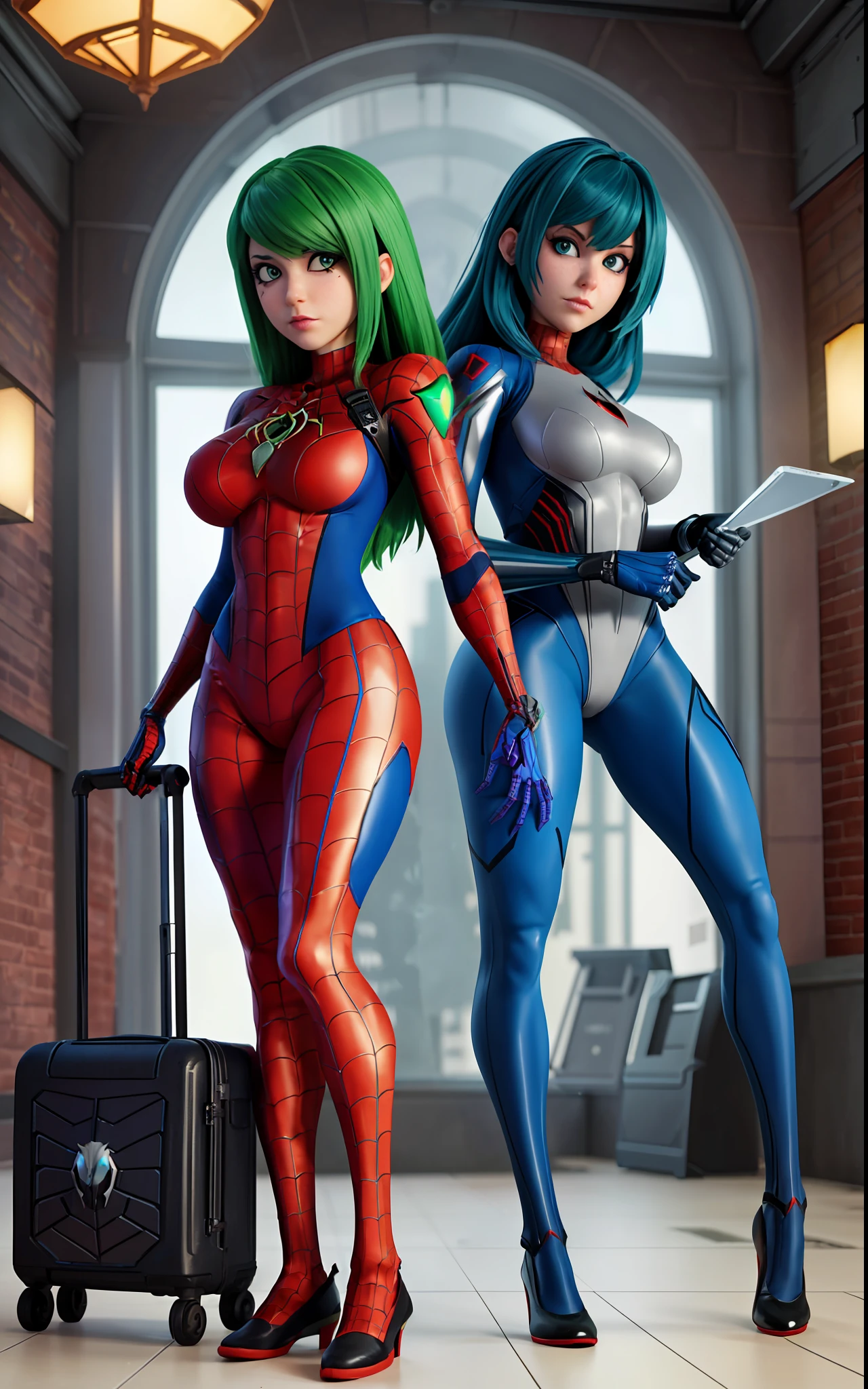 Create an image with 64k resolution, Unreal Engine 5, SpiderMan style, Super Metroid style, full body photo of a zombie skeleton woman, cosplaying Spider-Man+Samus Aran, looking at the viewer, green eyes, blue hair, holding a suitcase, in a haunted hotel with ghosts