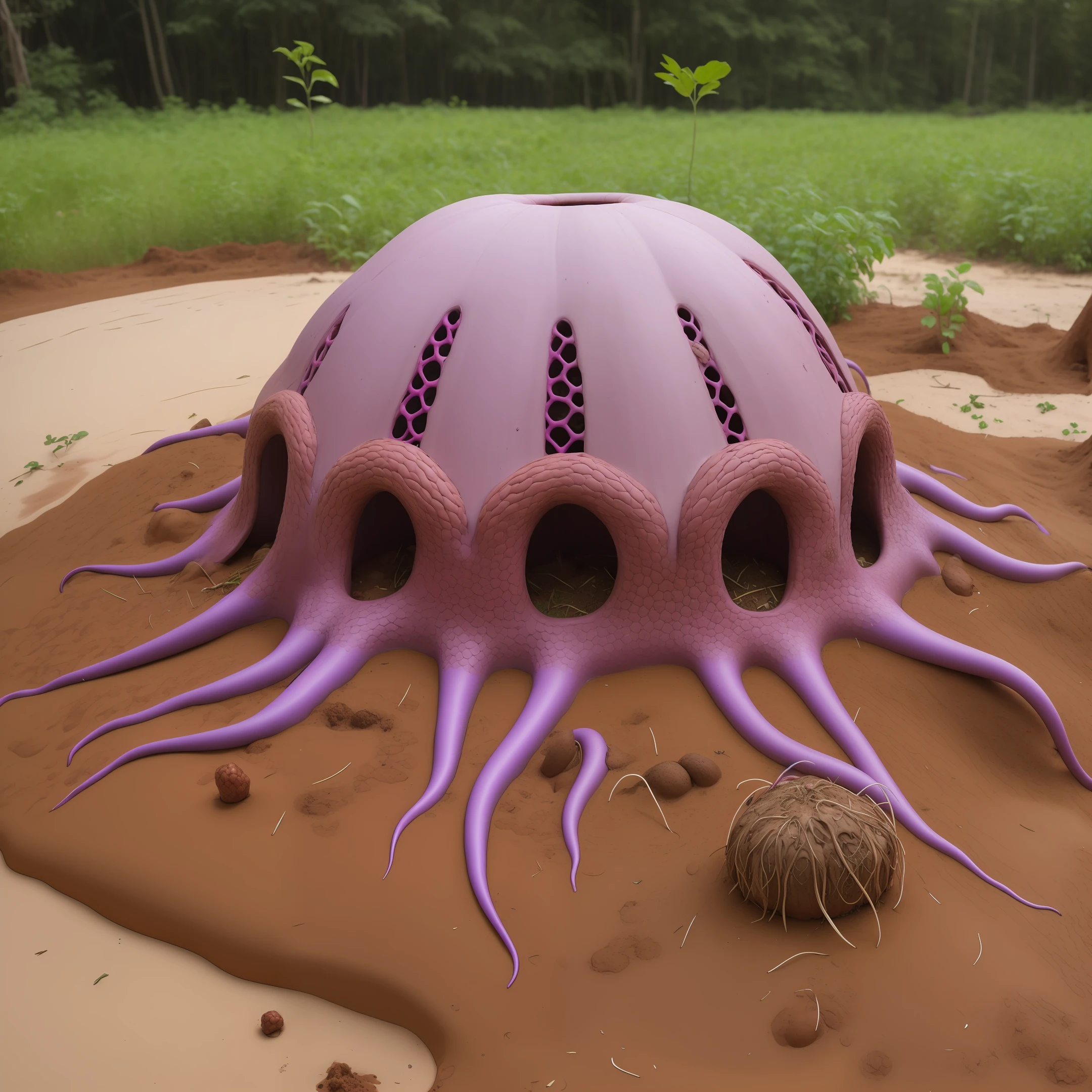 Clathrus archeri covering a large tall pile of soil highlighting a floating purple portal that is in the shape of an orb