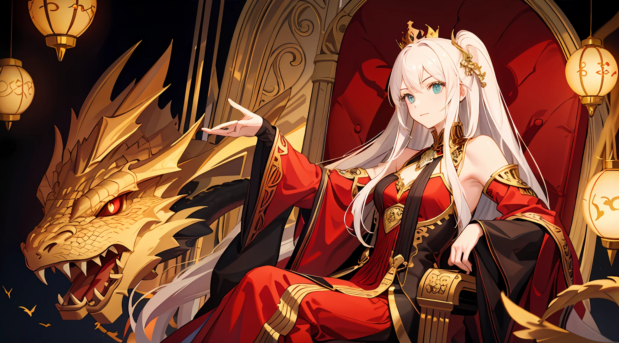 a king sit on her throne, dragon background