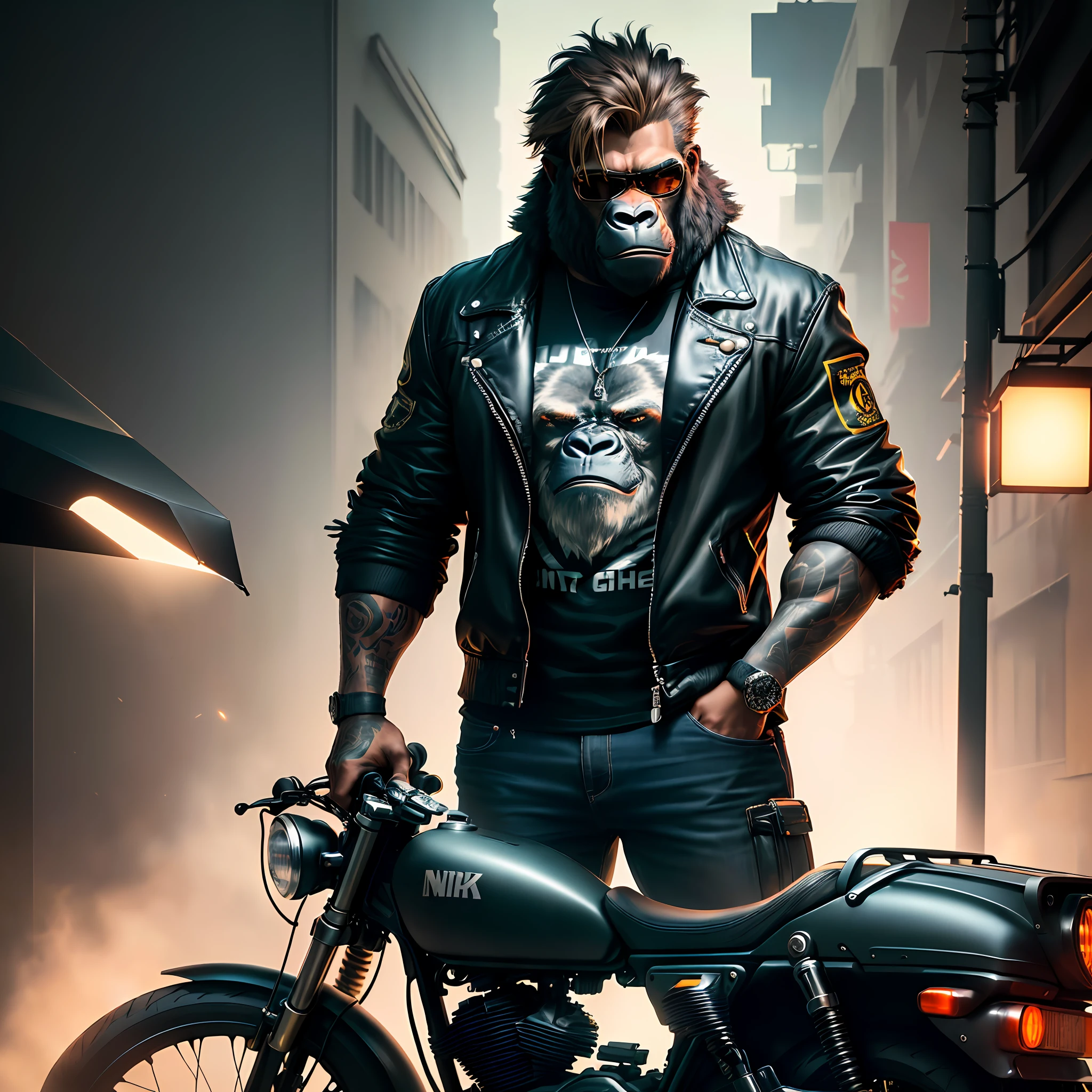 Masterpiece, (Super Detailed), (Animal Anthropomorphism), Gangster Theme, Gorilla, Jacket, Dim Light Motorcycle Riding, Tattoos, Machine Gun, Smoke, Shadows, Destroyed Cityscape, Most Quality, Solo Focus, (lean: 1.04), muscle man, full body, intricate., Lee Jeffries Nikon d850 film image bank 4 cameras kodak portra 400 f1.6 lens rich colors realistic texture hyper realistic dramatic lighting unrealistic engine trends on artstation cinestill 800 (vignette: 1.3), Filmgrain