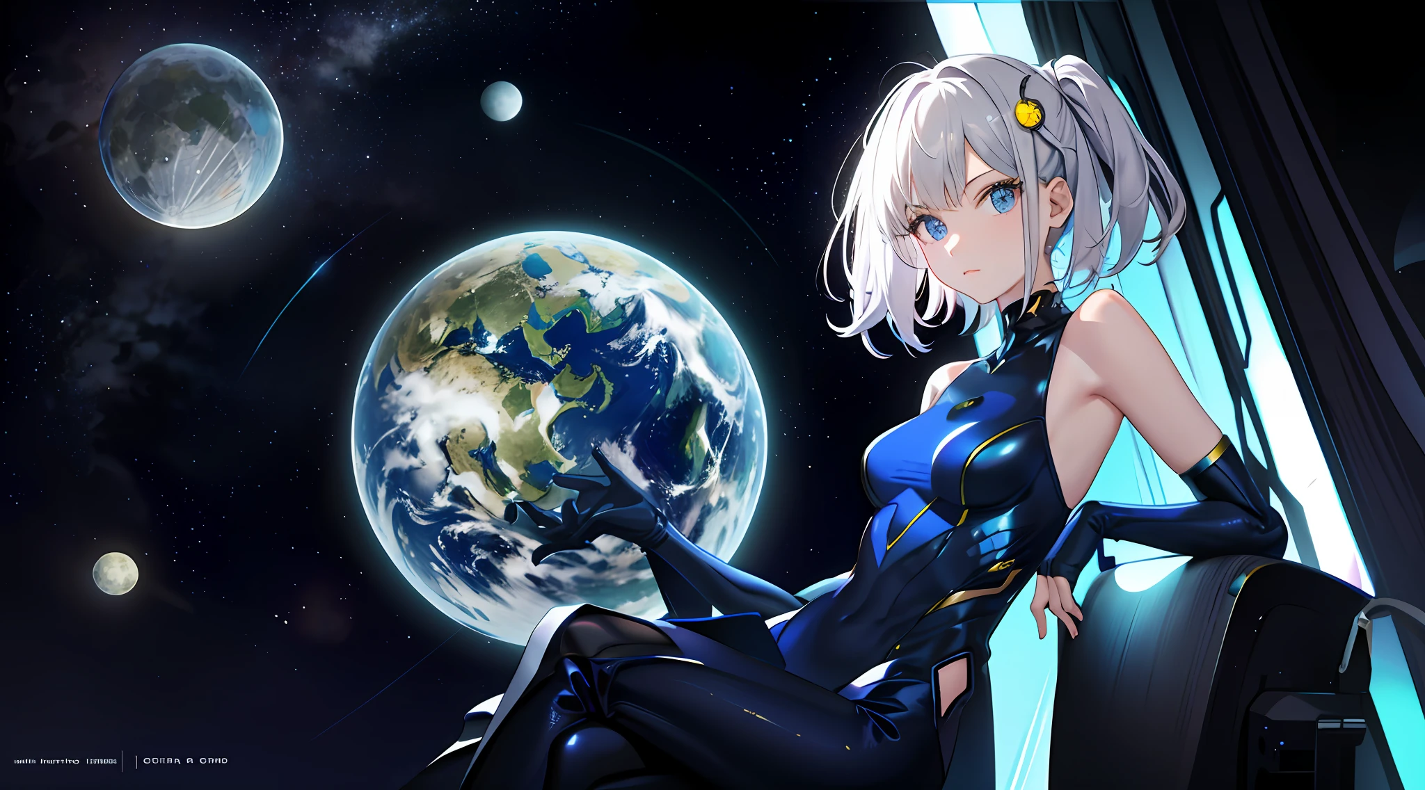 alien girl sit on moon, earth background